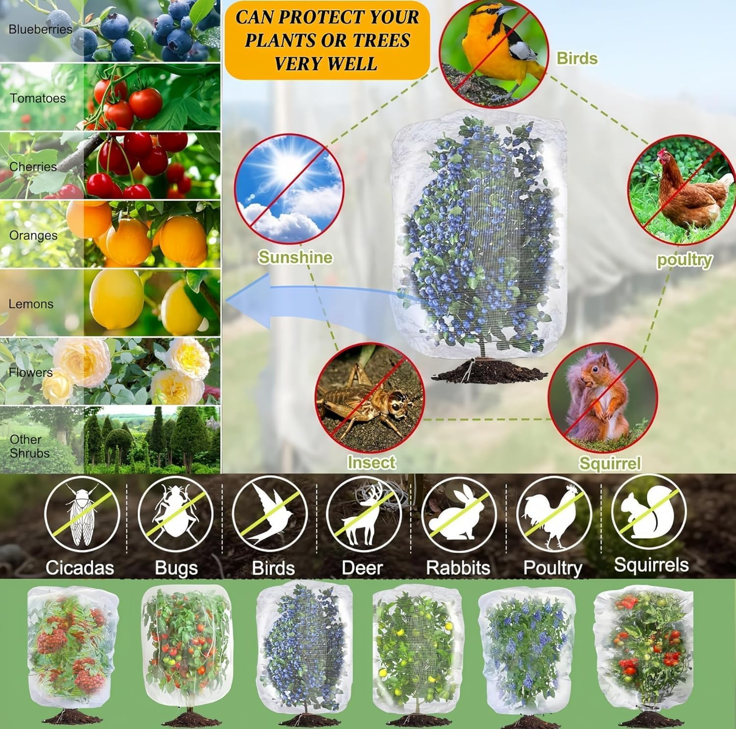 Plant Protection Net Bag with Double Zippers, 2 Pack1.9*2.1M Fruit Tree Netting, Insect Bird Barrier Mesh, Garden Bug Netting Plant Cover Protection for Blueberry,Citru,Flower,Preventing Deer,Squirrel image number 5