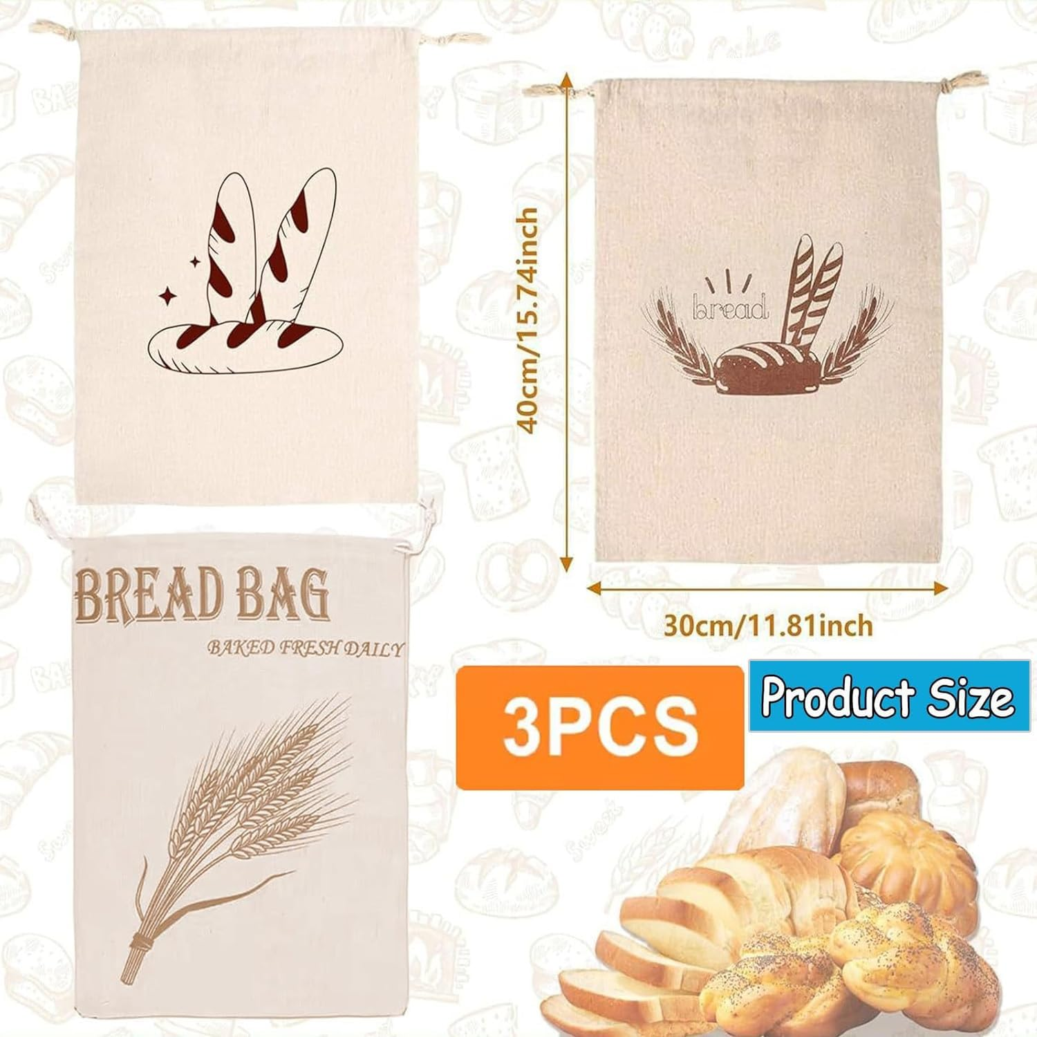 Yharnamite 3 Pcs Linen Bread Bags, 30 X 40Cm Large Capacity Bread Storage Bags with Drawstring, Reusable Food Storage Bread Keeper for Homemade Bread, Baguette, Fruit, Vegetables