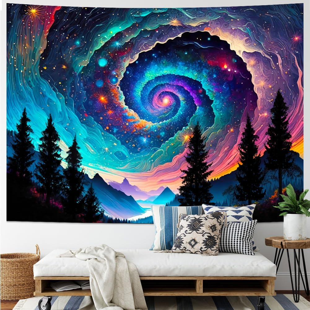 Galaxy Space Tapestry Colorful Starry Sky Tapestry Trippy Mountain Tapestries Misty Forest Tapestries Fantasy Landscape Wall Hanging Decor for Home image number 2