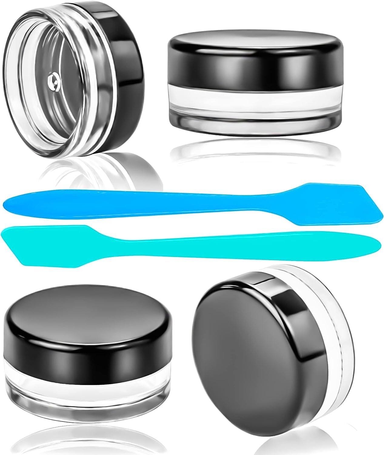 LH 100 Pcs 3G Empty Plastic Containers with Lids,Tiny Makeup Sample Containers Small Pot Jars Clear round Cosmetic Jars with 20 Pcs Mini Spatulas for Liquid Sample Powder Creams (Black Lid) image number 3