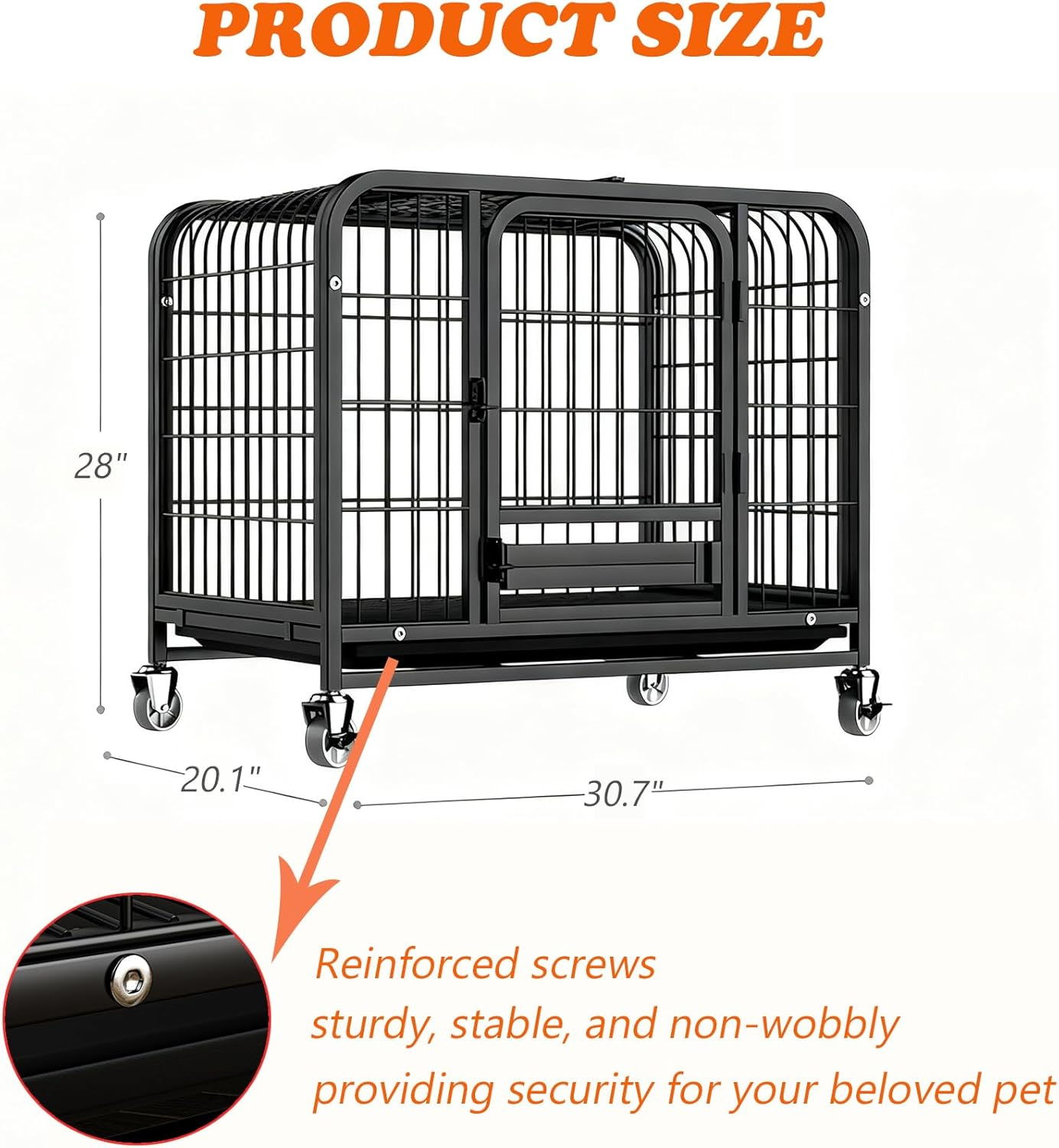 Dog Crate with Removable Tray, Large Dog Cage with Wheels, Double Door Kennel Black 77 * 51 * 71Cm image number 4