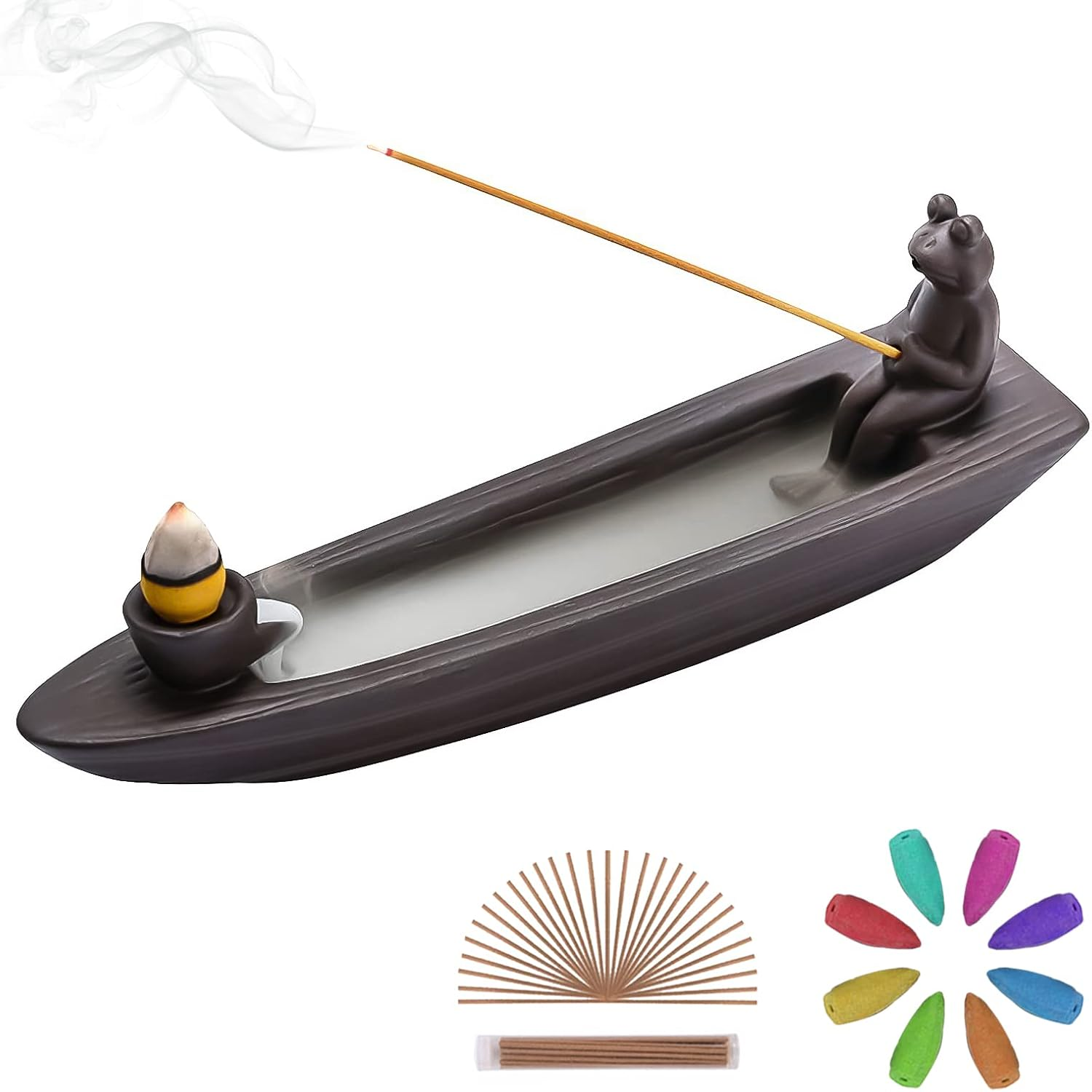 Changwanna Frog Incense Holder Waterfall - Ceramic Cone Backflow Incense Burner Smoke Fountain, Back Flowing Incense Diffuser with 45 Sticks & 12 Cones, Frog Ornament for Aromatherapy/Yoga/Home Decor image number 6