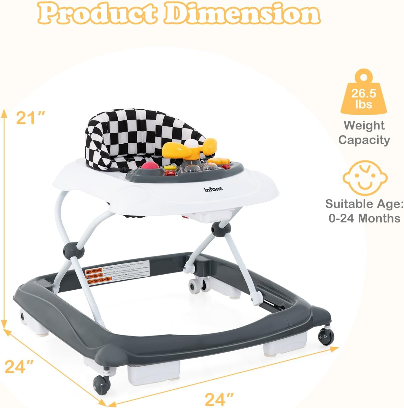 INFANS Foldable Baby Walker, 3 in 1 Toddler Walker Leaning-Seated Walk-Behind with Removable Music Tray, Adjustable Height, Washable Seat Cushion for Boys and Girls (Checkerboard) - Checkerboard image number 3