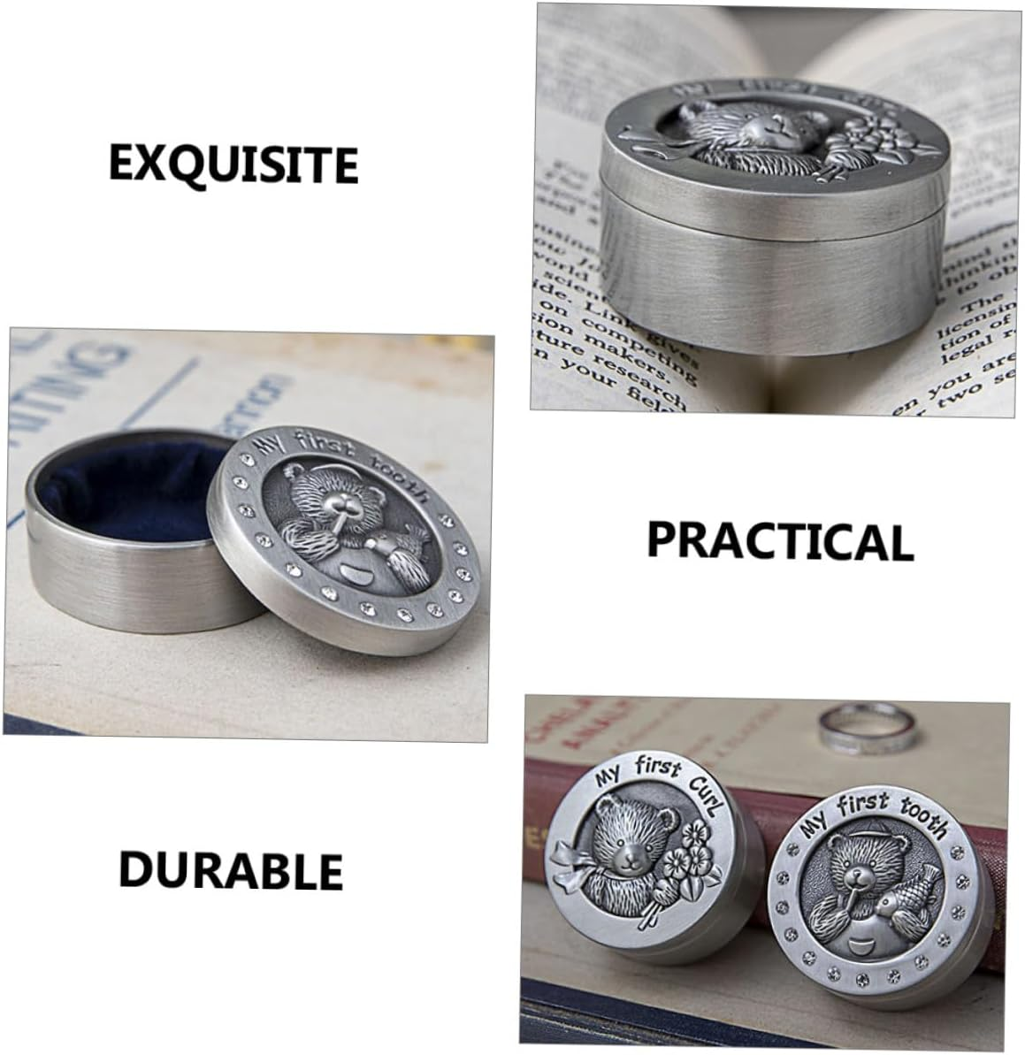 YARNOW 2Pcs Tooth Holder Boxes with Lining Alloy Metal Keepsake Case for First Tooth and Curl Storage Newborn Gift Organizers with Bear Pattern for Boys