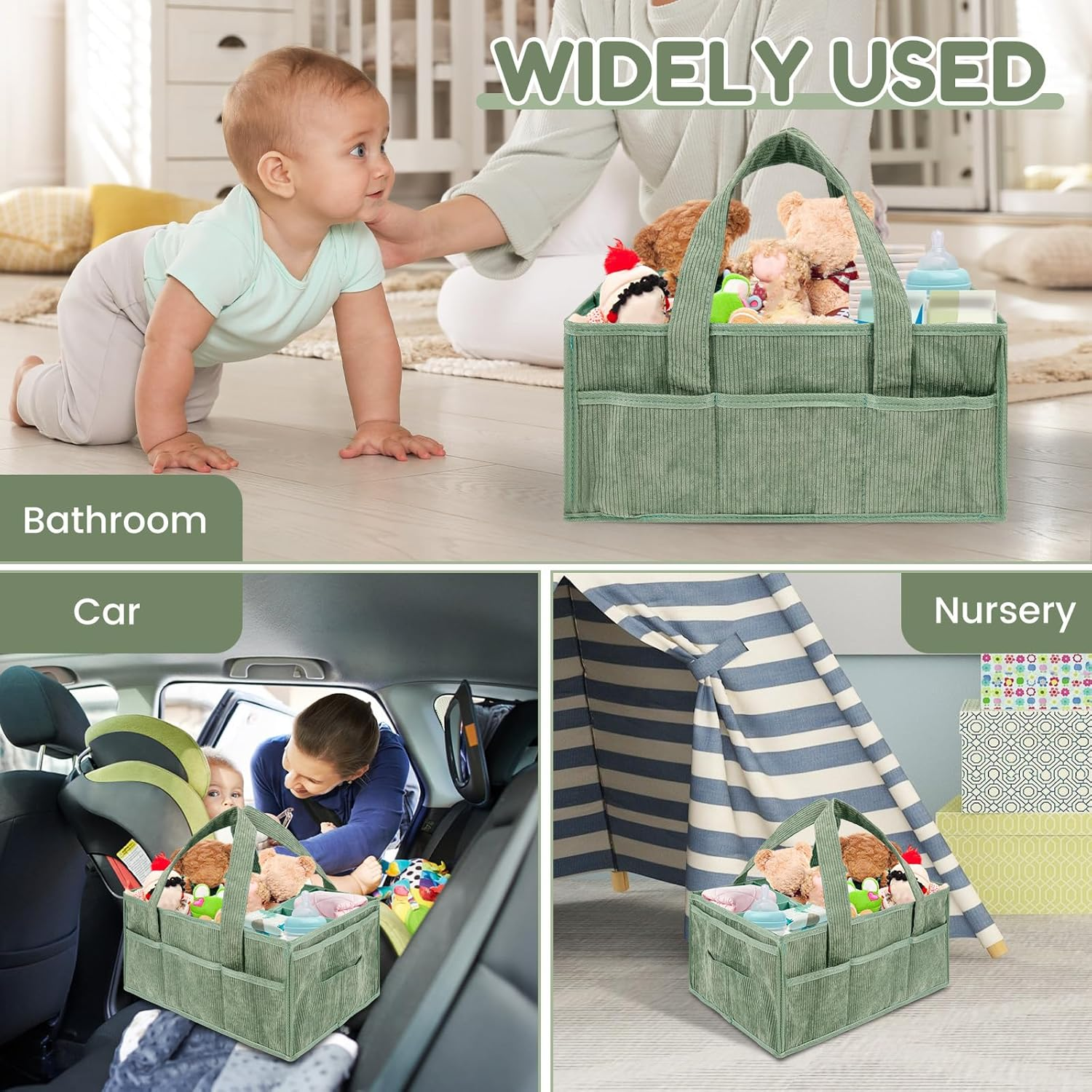 Baby Diaper Caddy Organizer, Nappy Caddy Organiser with Handle Build in Partition Board Wear Resistant Soft Baby Hamper Basket Nursery Basket for Bathroom Car Travel image number 6