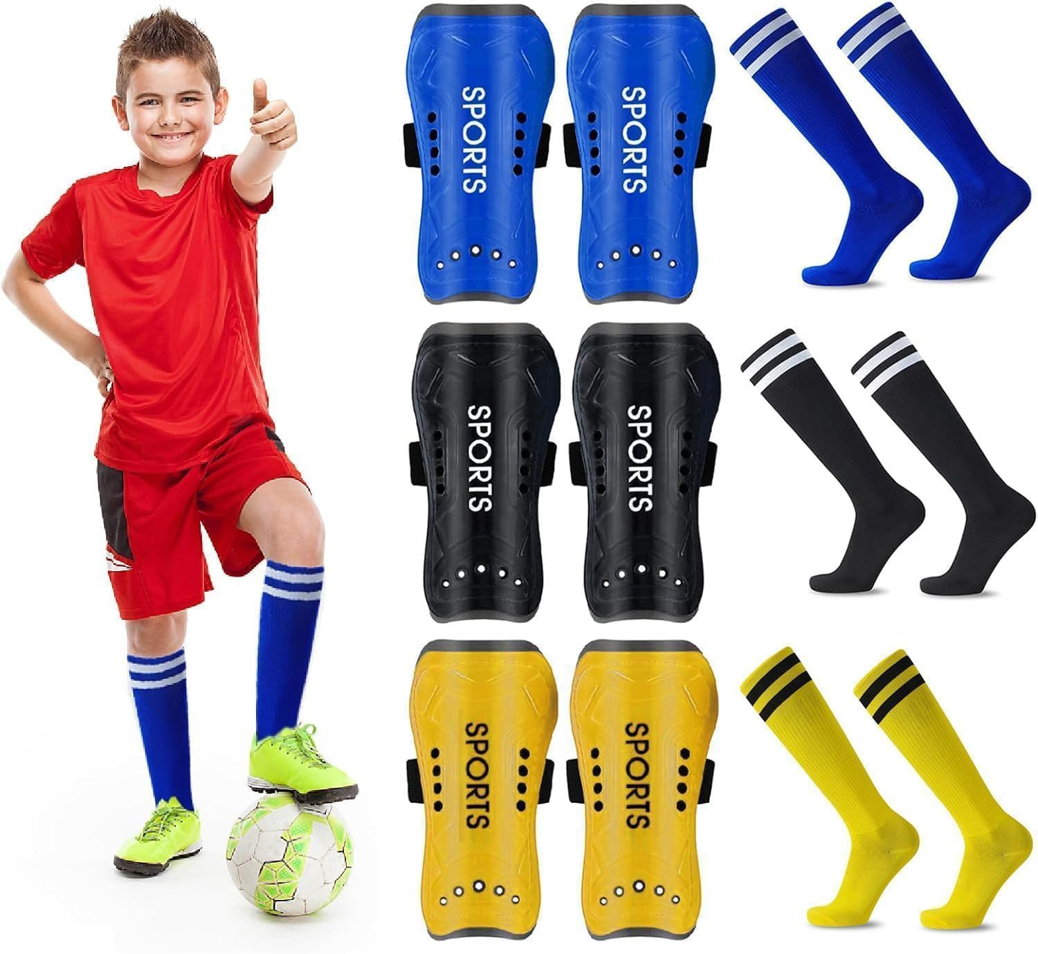 BLAZDEVE 3Pairs Football Shin Guards and Sleeves for Kids Youth, High Elastic Long Soccer Sock Sleeves + Shin Pads, Kids Football Socks for Boys and Girls Leg Calf Protective Gear (M under 15Th) image number 5