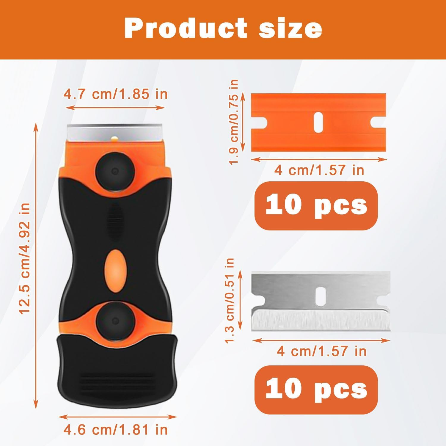 Window Scraper Tool with 10 Metal+10 Plastic Blades,Non-Scratch Double Edged Glass Sticky Stuff Remover,Multi-Purpose Ceramic Scraper Oven Cleaning Tool for Stickers Labels Decals Wallpaper (Orange) image number 5