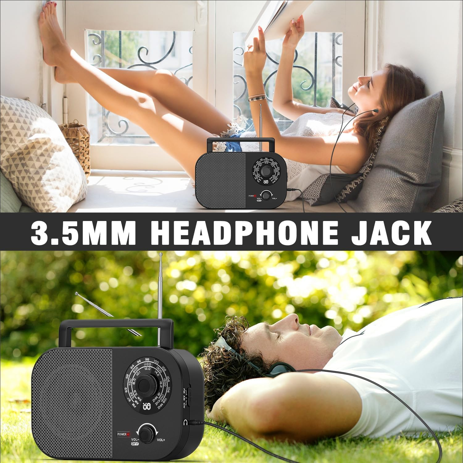 Portable Radio AM FM SW with Best Reception, Transistor Radio with Battery Operated or AC Power Adapter, 5W Big Speaker, Large Tuning Knob, Clear Dial, Earphone Jack for Gift