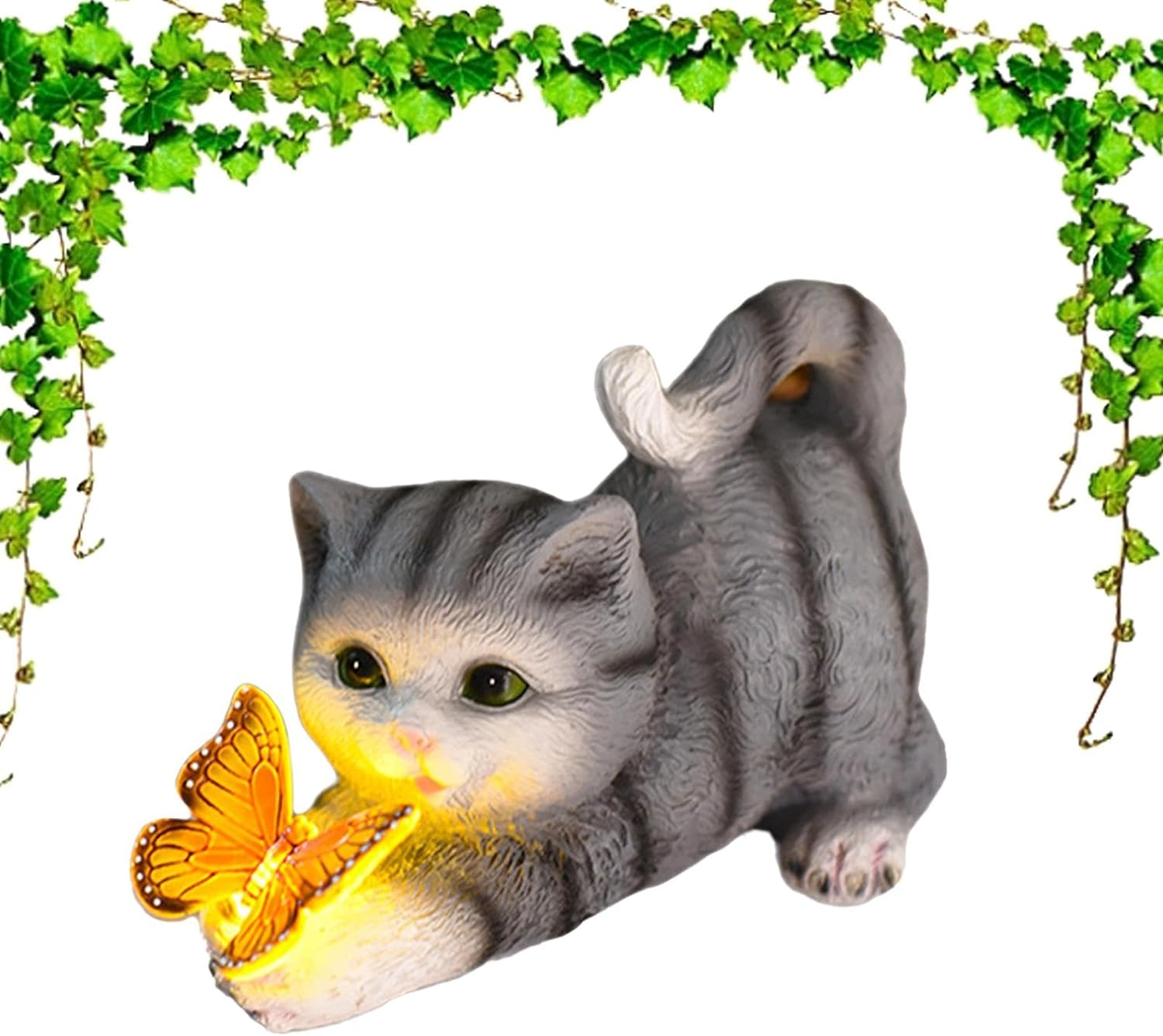 Solar Cat Statue | Cat Outdoor Solar Sculpture,Solar Garden Statue Cat Figurine, Resin Kitten Statue Playing Butterfly for Patio, Lawn, Yard Art Decoration image number 3