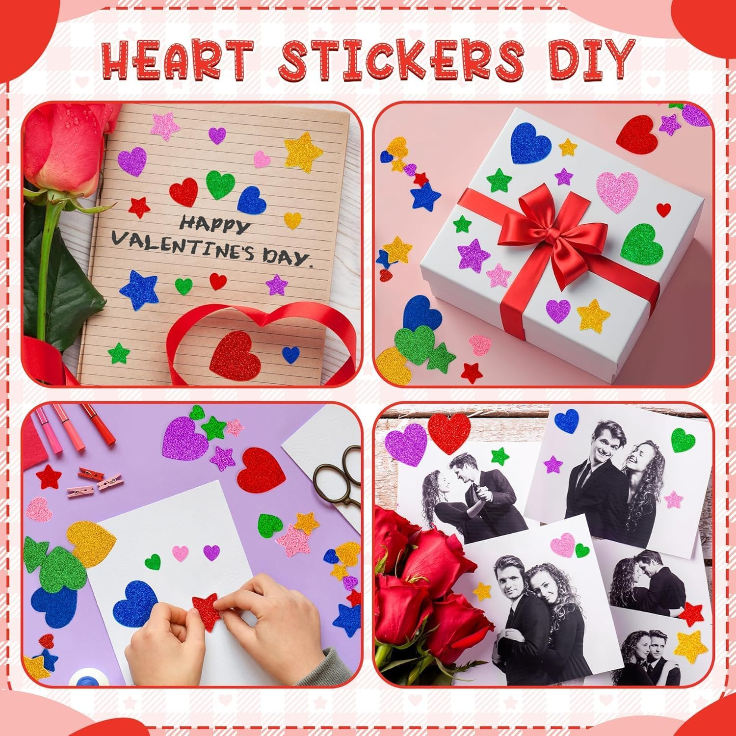 300 Pieces Colorful Glitter Foam Stickers Self Adhesive Stars Mini Heart Shapes Glitter Stickers, Kids Arts Craft Supplies Greeting Cards Home Decoration Stars&Heart Shapes,Valentines Stickers image number 3