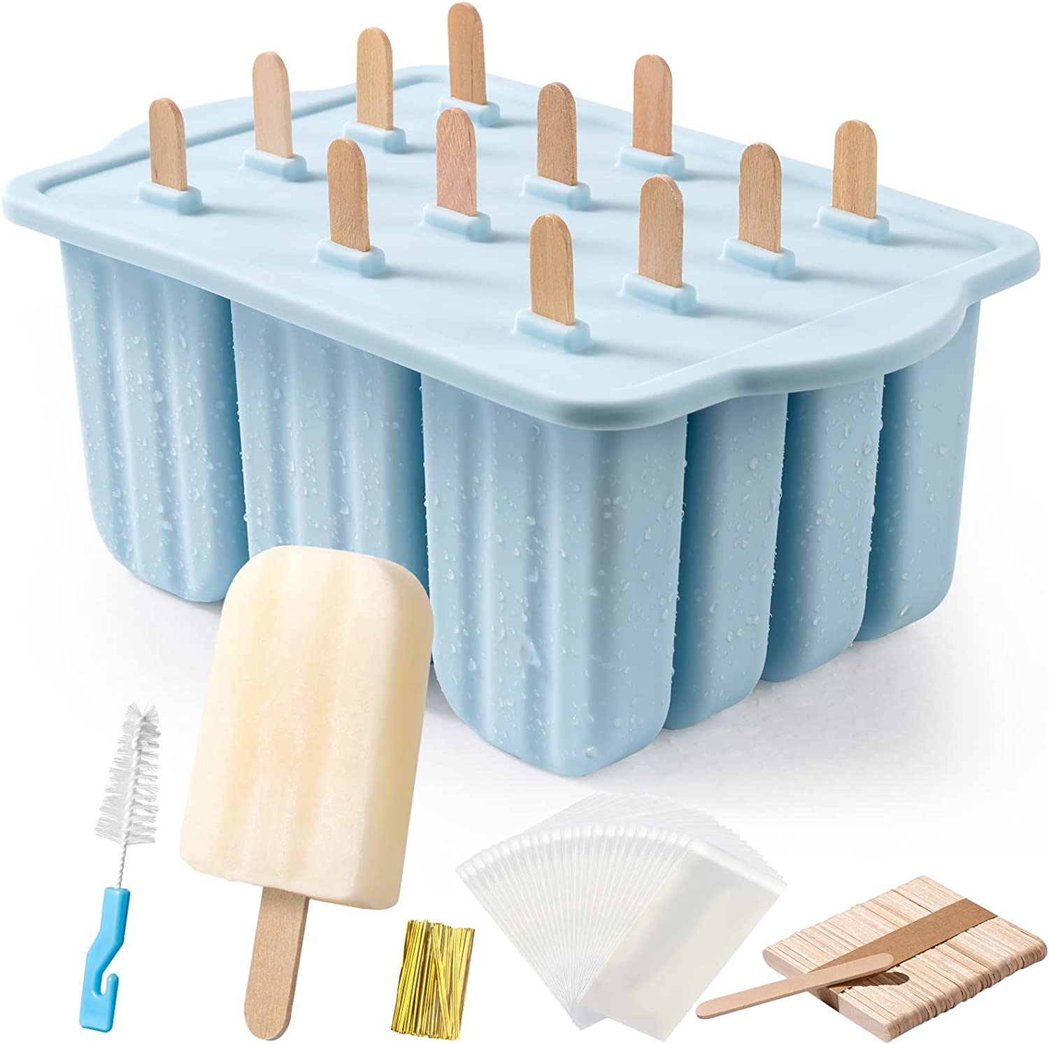 Silicone Popsicles Moulds, 12-Cavities Popsicle Moulds for Kids Adults Food Grade Popsicle Maker Mold Set Bpa-Free Ice Popsicle Molds Homemade Ice Pop Maker with Popsicle Sticks and Cleaning Brush