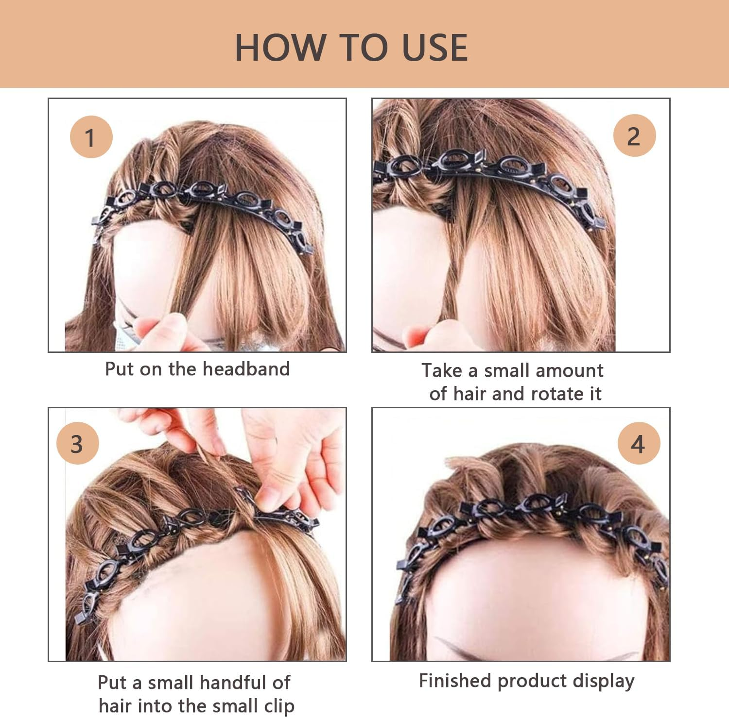 Amexo 4 Pieces Headband with Clips, Double Bangs Hairstyle Hairpin Clip Headband Twister Headbands for Women Girls (Black, Brown) image number 4