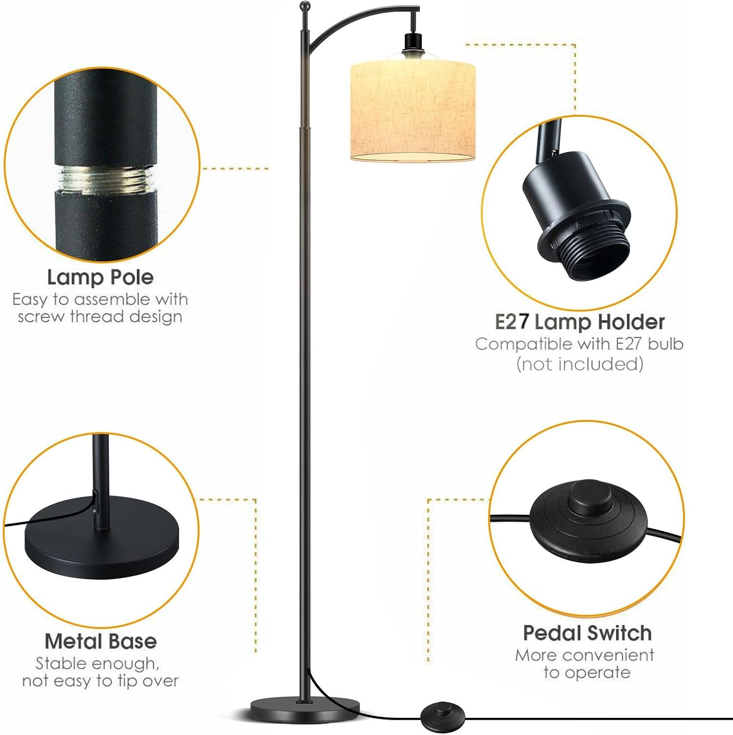 Standing Floor Lamp Tree Lamp Reading Light Tall Lamps Pole Lamp with Foot Switch Adjustable Height for Living Room Bedroom Office Dining Room 165Cm Length Black image number 1