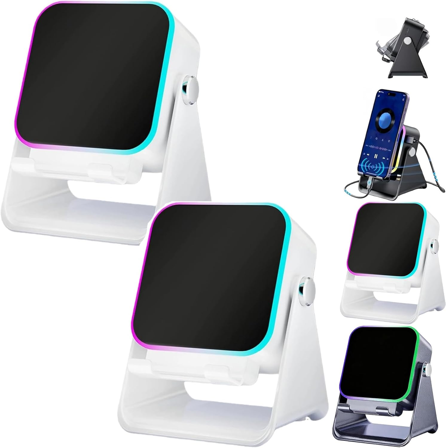 Willedup 5-In-1 Wireless Induction Bluetooth Speaker, with Adjustable Phone Stand, 360&deg; Adjustable Holder, RGB Ambient Light Fast Connect (White)