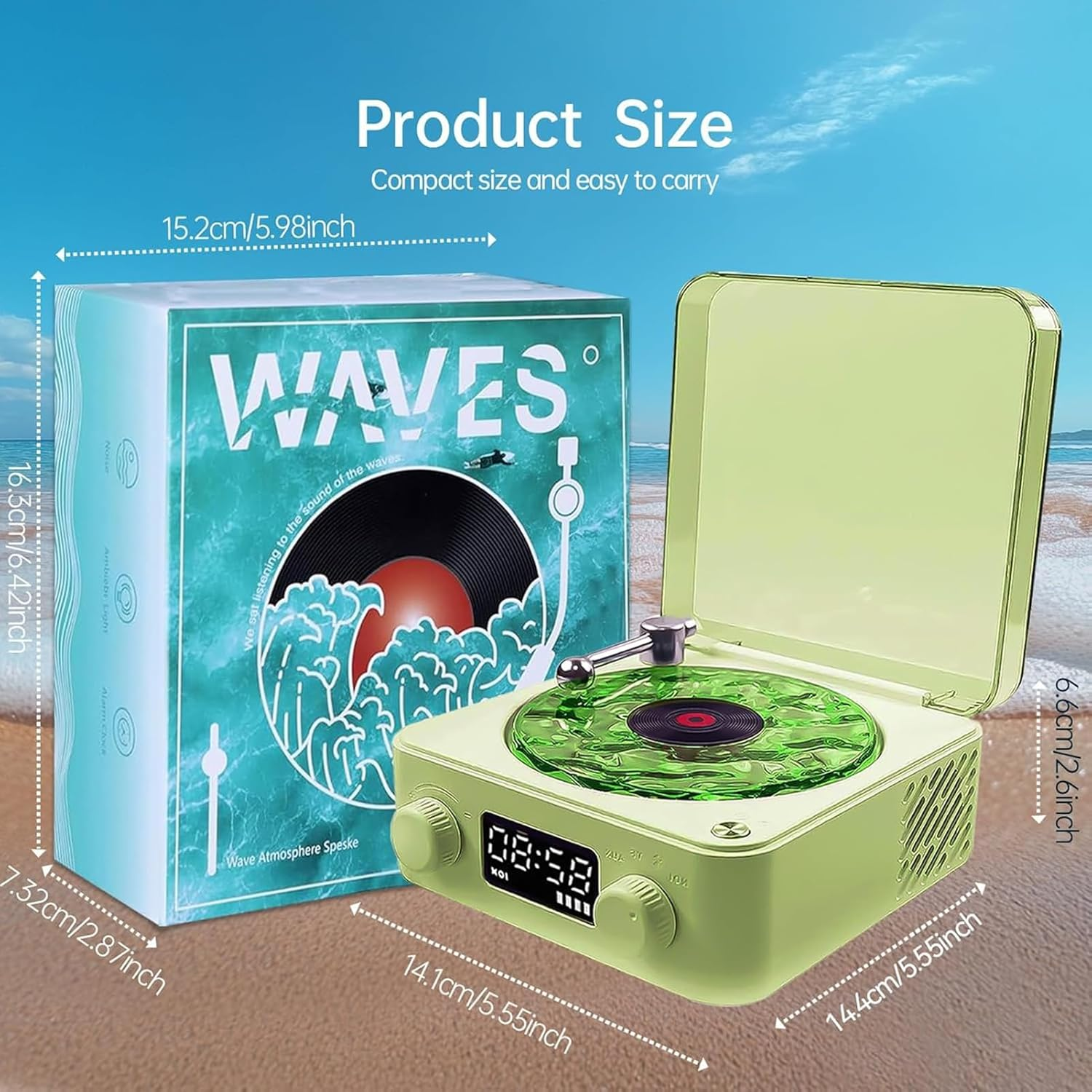 Jiawu the Waves Player, Waves Bluetooth Speaker, Creative Vintage Record Player Style Speaker with Adjustable Ambient Light for Bedroom, Ocean Sound White Noise Wave Speaker (Green) - Roseate image number 3