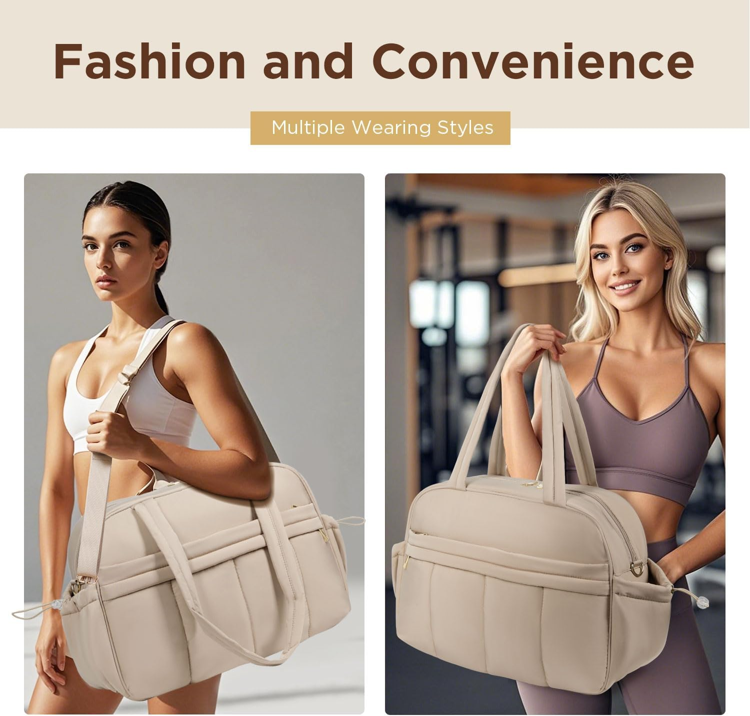 Behaesty Weekender Bags for Women, Quilted Travel Duffel Bag, Large Puffer Duffle Bag for Travel Gym Overnight Weekend Workout Carry on Bag for Airplanes, Personal Item Travel Bag, Camel, 18 X 12 X 8 image number 3