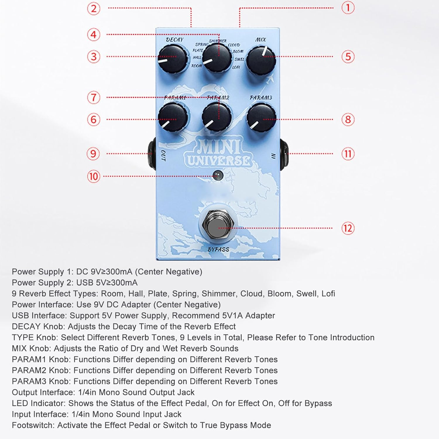 Guitar Effect Pedal, Digital 9 Reverb Guitar Effects Pedal, Room Hall Plate Spring Shimmer Cloud Bloom Swell Lofi, Multi Effects Guitar Pedal with True Bypass Mode image number 6