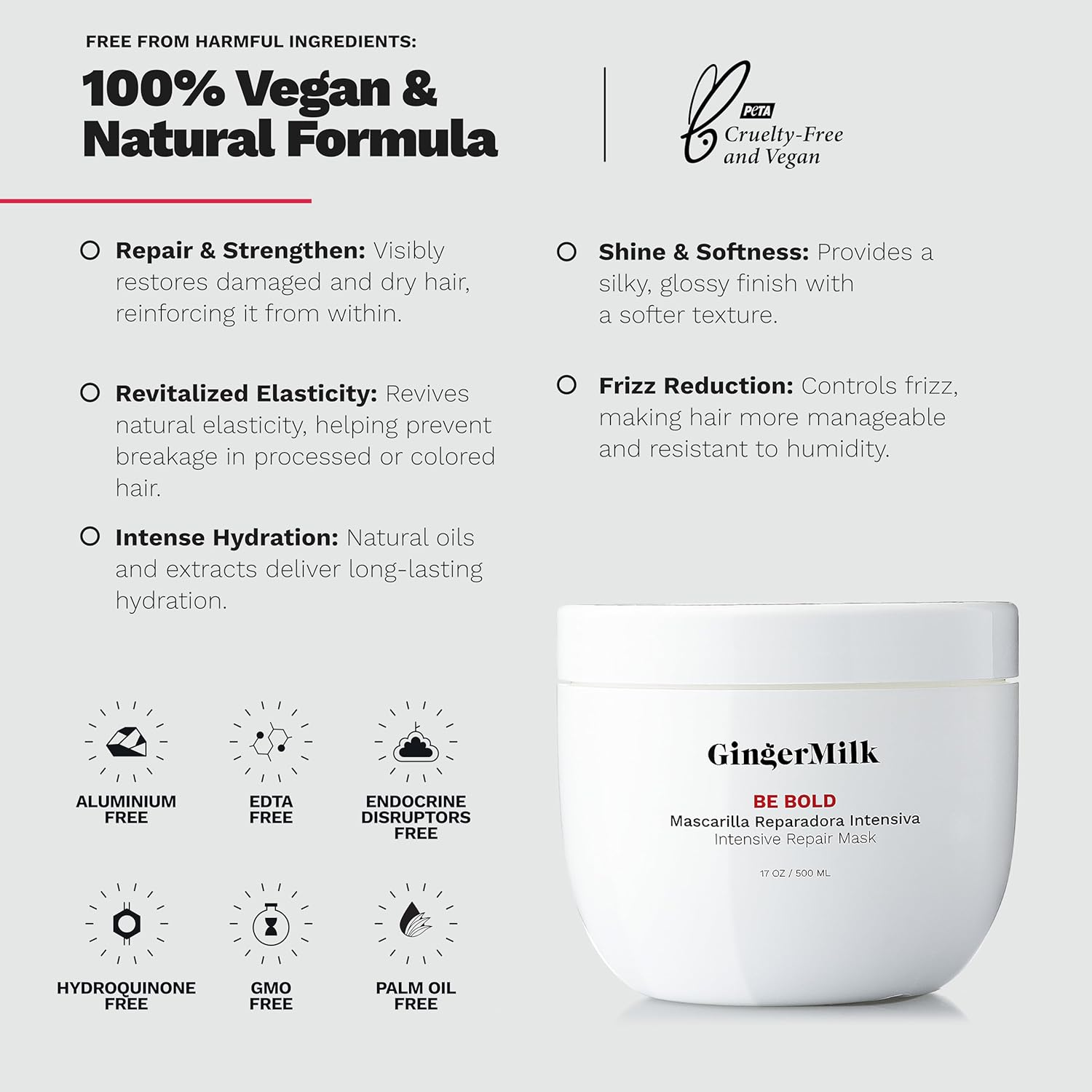 Ginger Milk Natural Care Intensive Repair Hair Mask for Dry/Damaged Hair Due to Coloring, Chemical Processes, Hot Styling Tools and Dryers | BE BOLD image number 4