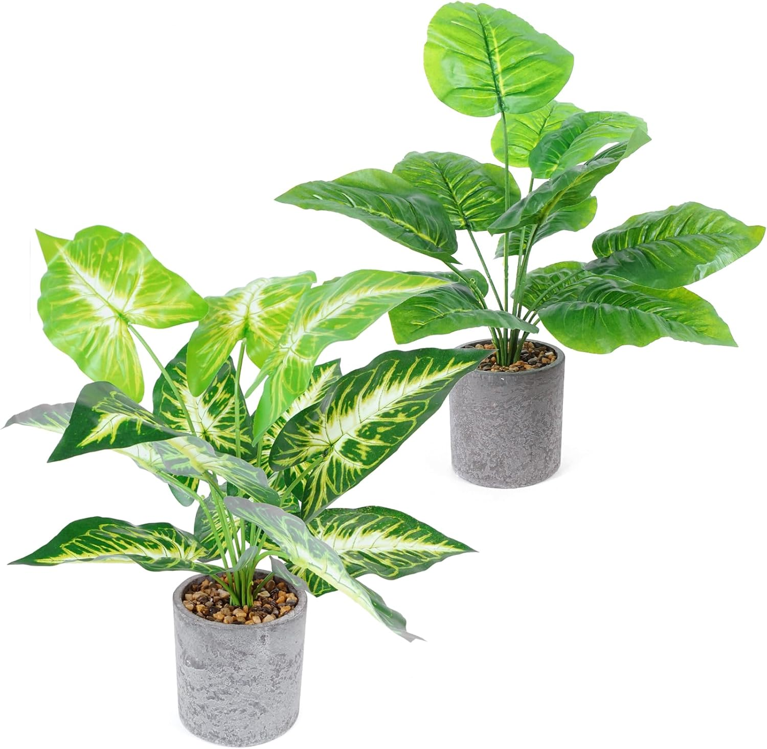 Lenamos 2 Pack Fake Plants Artificial Potted, 16" (40Cm) Faux Plants for Office Desk Home Farmhouse Decor Desk Shelf Living Room Bathroom Kitchen Greenery Decoration (Monstera Leaf + Peacock Leaf)