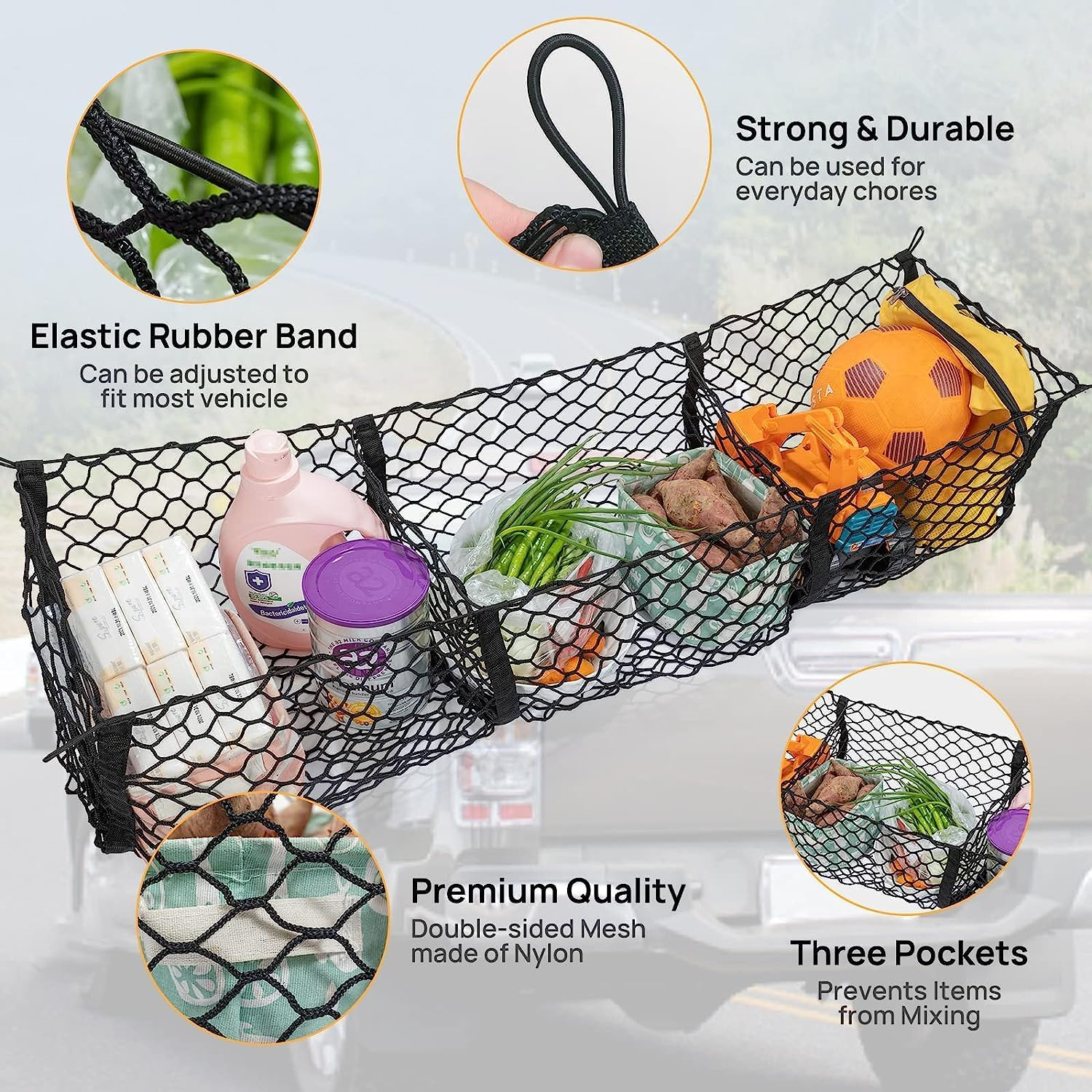 Cargo Net Trunk Bed Organizer,Mesh Storage Net with 4 Metal Hooks,43.3&times;11.8 Inch Heavy Duty Cargo Net for Suv,Car,Toyota,Pickup Truck Bed,Truck Accessories Bed Grocery Holder image number 5