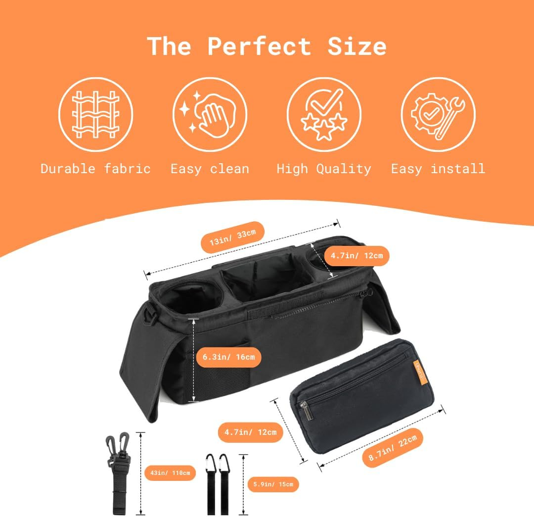 UHURU Stroller Organiser & Pram Caddy with Extra Storage Pockets, Insulated Coffee Cup Holders and Phone Storage, Universal Travel Pram Stroller Bag Compatible with Uppababy, Bugaboo & 99% of Prams image number 1