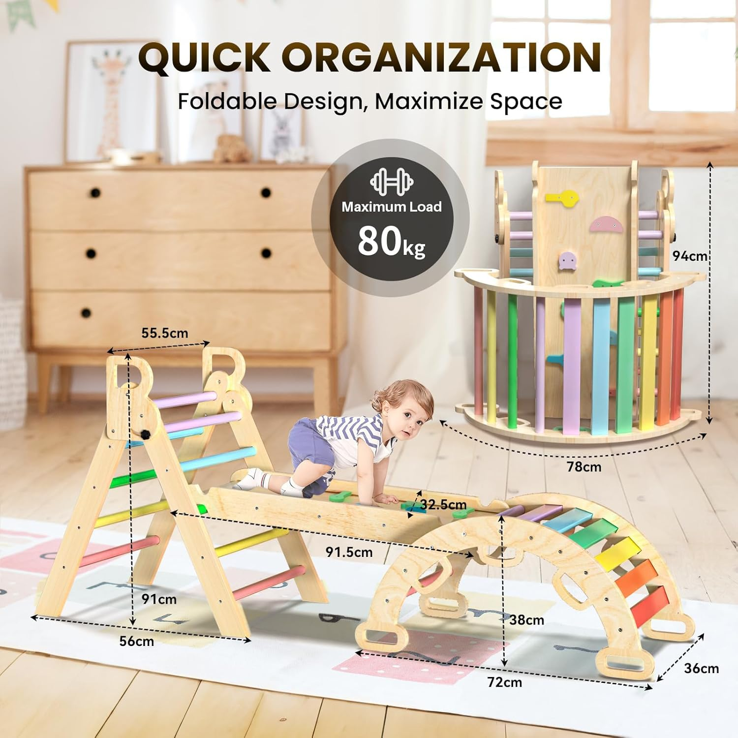 Omebel Pikler Triangle Set, 7 in 1 Foldable Toddler Climbing Toys Wooden Montessori Climbing Set, Baby Climber Indoor Jungle Gyms for Toddlers Montessori Toys