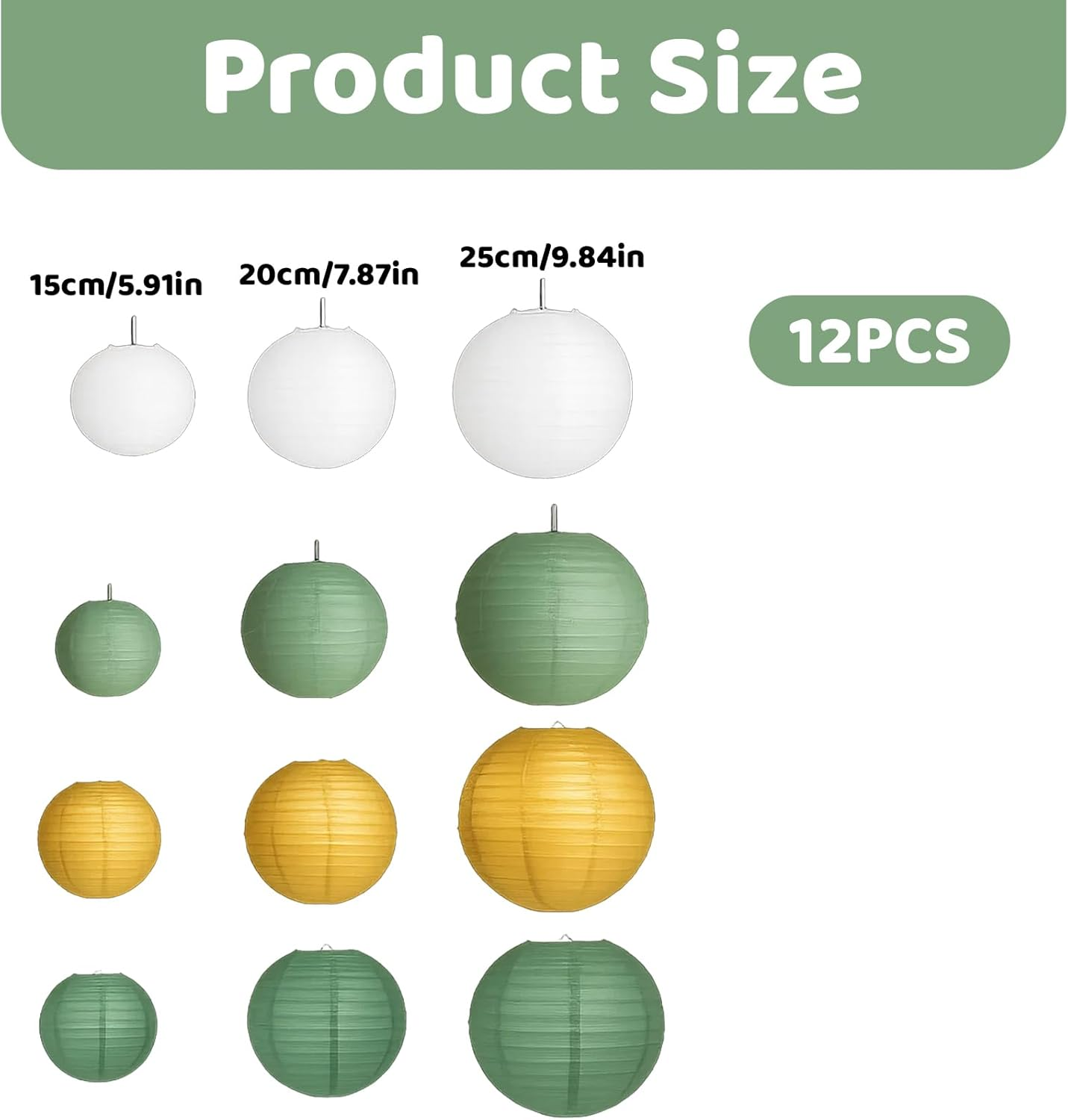 Pack of 12 Paper Lanterns, Lanterns for Wedding Decoration, Garden Party Decoration in White, Green and Gold, Weatherproof Paper Lanterns for DIY Projects and Events image number 5