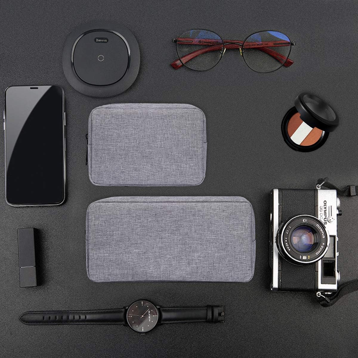 Portable Electronics Accessories Storage Bag, 2PCS Big + Small Carrying Case Travel Cable Organizer Cosmetic Bag Pouch Compatible Hard Drive, Power Bank, Mouse, Laptop Charger, Cellphone, Gray image number 1