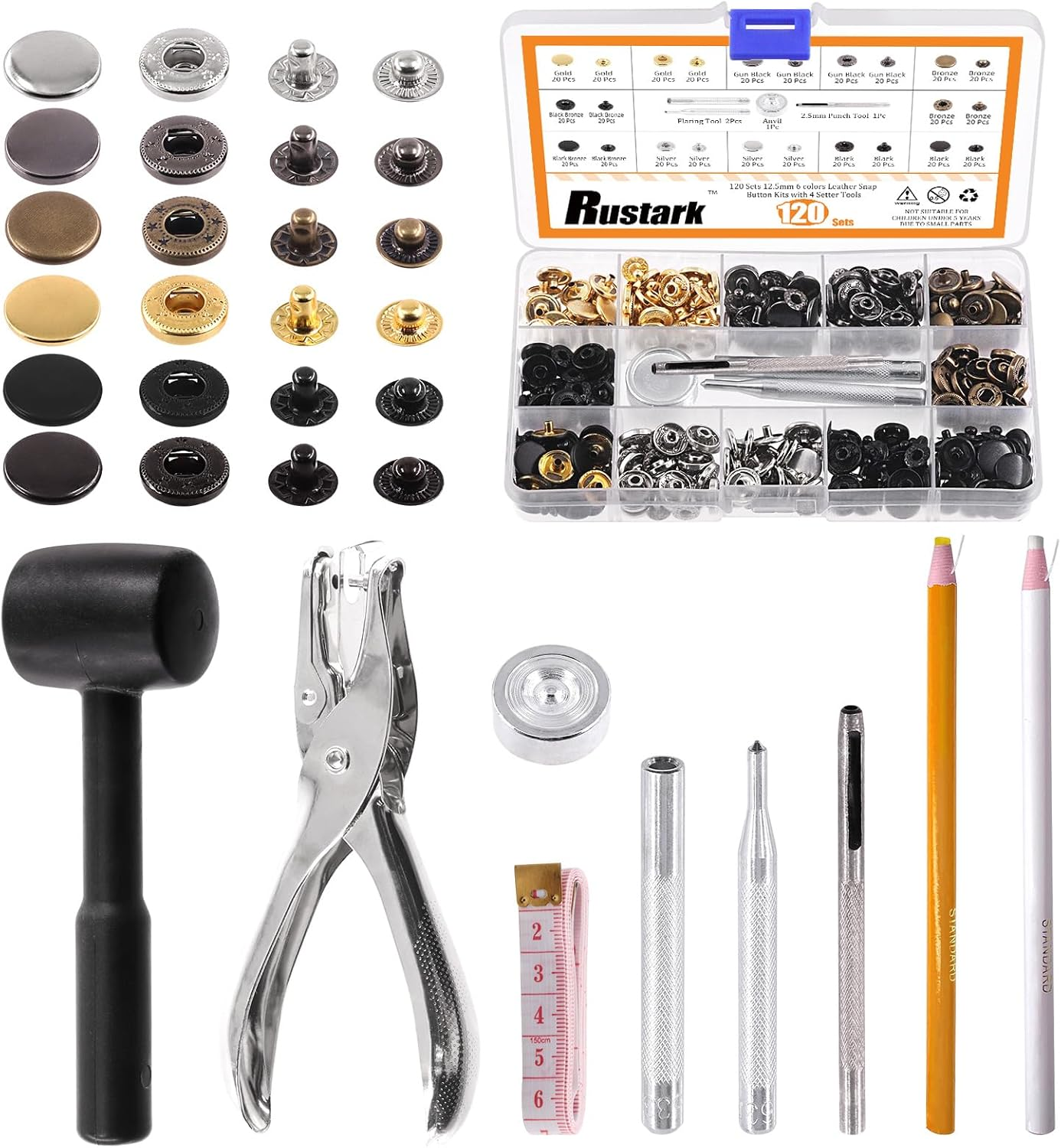 120 Sets 12.5Mm 6 Colors Leather Snap Fasteners Kit with Hammer 9Pcs Setting Tools, Metal Snap Button Press Stud Clothing Snap Assortment Kit for Leather, Clothes, Jackets, Jeans, DIY Craft image number 6
