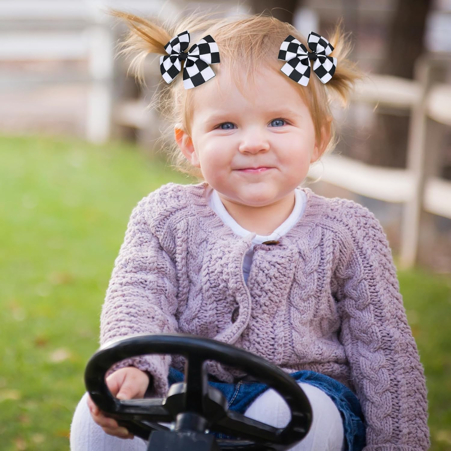 2Pcs Racing Checkered Flag Bow Clips, Hair Bow Clip Black and White Racing Fan Pigtail Hair Clips Hair Accessories Racing Checkered Styling for Kids Women Girls Thick Thin Hair image number 2