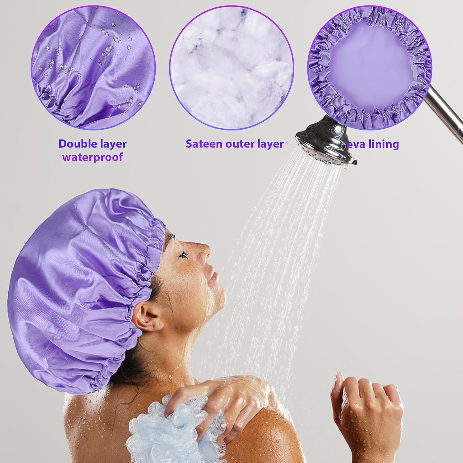 Prasacco Large Shower Caps for Women, Waterproof Shower Cap Double Layers Bath Caps Reusable Hair Cap Washable Elastic Shower Bonnet Bath Hair Hat for Long Hair Braids image number 4