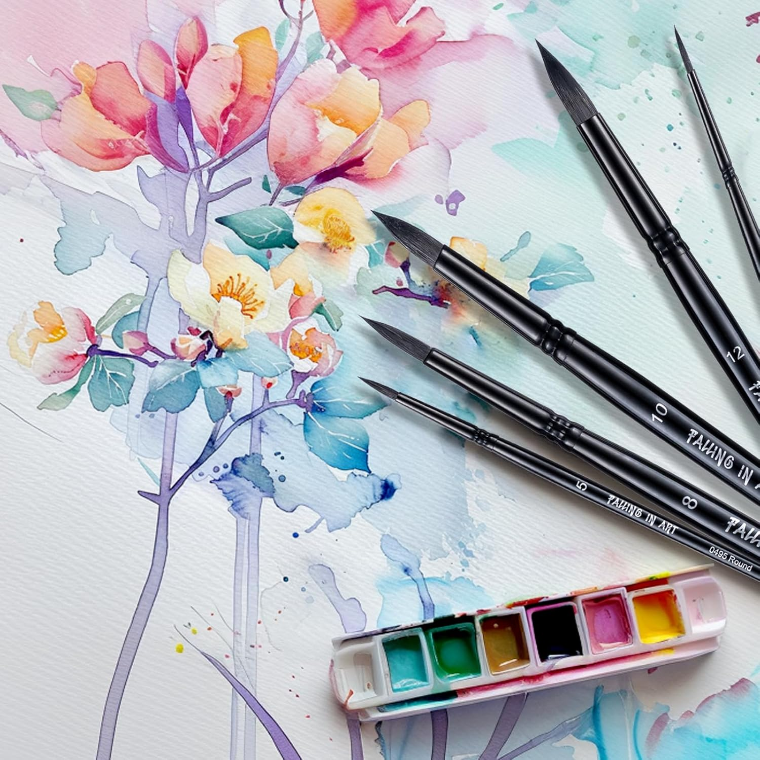 Falling in Art Professional Paint Brush Set, round Pointed Paintbrush Set, Wooden Handle Squirrel Hair Artist Brushes for Watercolor Painting(Black Handle) 8 Pcs - Black image number 4