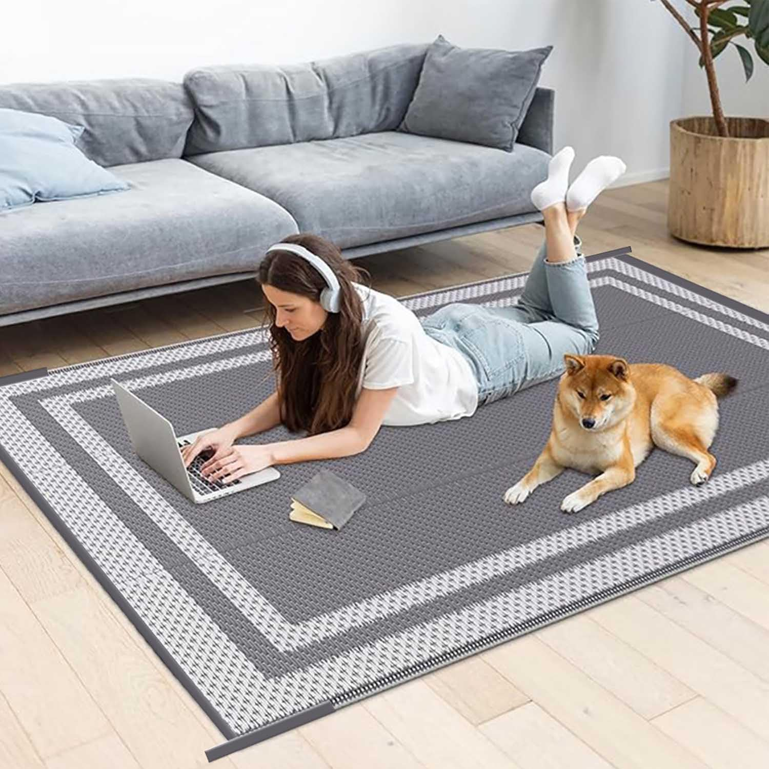 Large Waterproof Outdoor Rug for Patio, 152&times;244Cm Reversible Mat, Plastic Camping Rug for RV, Porch, Deck, Camper, Balcony, Backyard. (Bohemia, 152&times;244Cm) image number 4