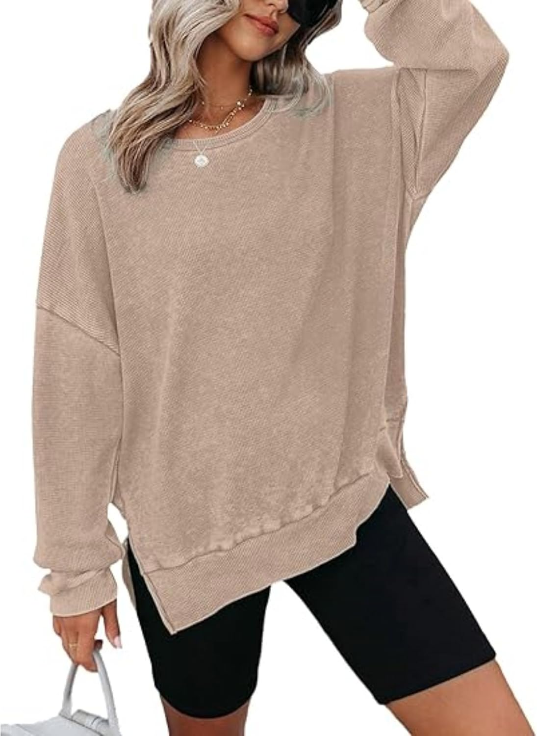 Waffle Knit Tops for Women Long Sleeve Shirts Side Slits Oversized Sweater Pullover Oversized Crewneck Sweatshirts