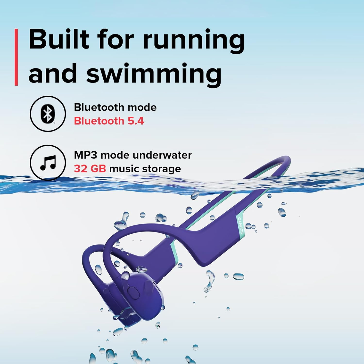 SUUNTO Aqua Light Open-Ear Bluetooth Headphones and 32GB MP3 Player, Bone Conduction Tech Built for Running and Swimming, IP68 Waterproof, 10H Playtime W/App Support (Reef Blue) - Reef Blue image number 5