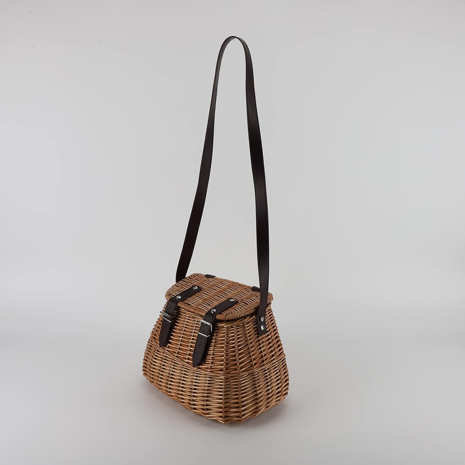 Wicker Picnic Basket, Fishing Creel Basket, Carrying Gift Basket with Lid and Shoulder Strap image number 5