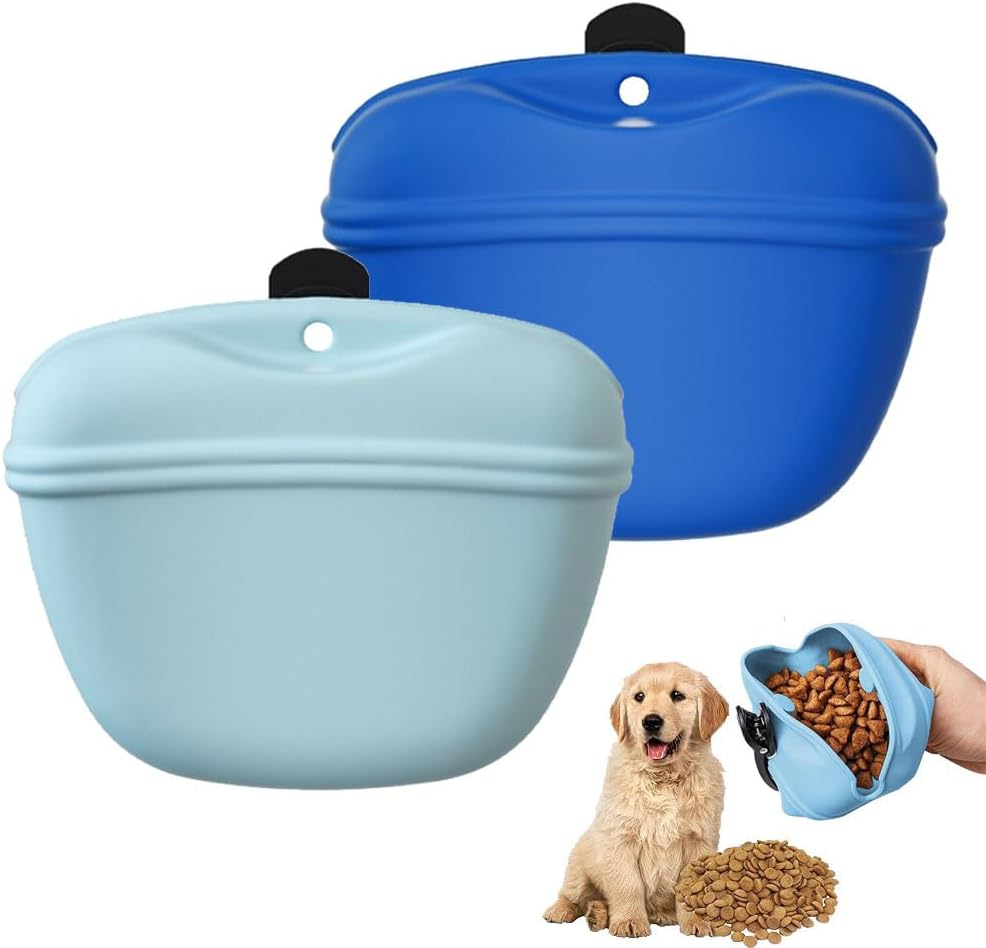 2PCS Dog Treat Pouch,Silicone Pet Feeding Bag Pouch Portable Dog Treat Bags with Puppy Reward Training Pouch with Magnetic Closing and Waist Clip for Belt for Dog Walks (Black+Sky Blue)