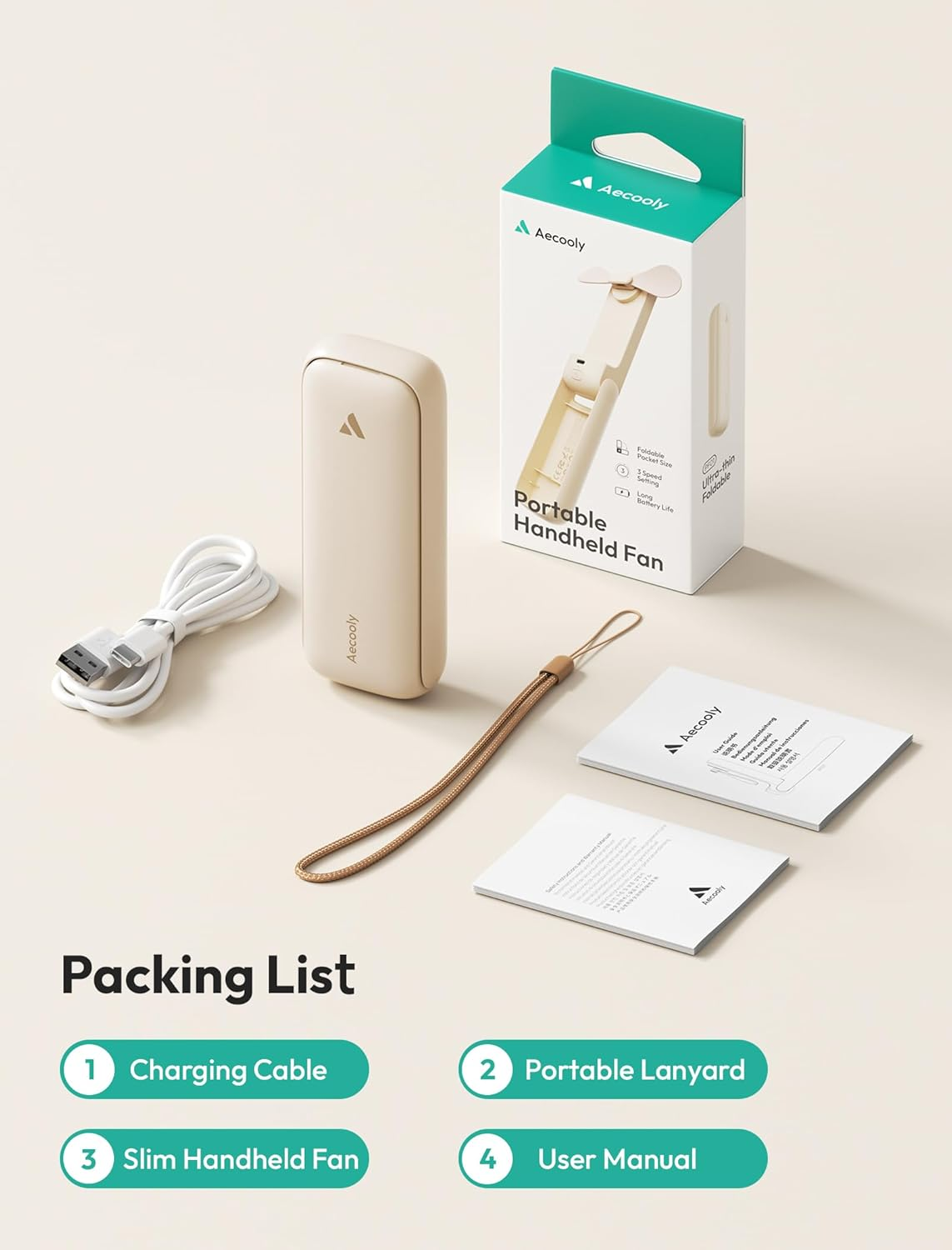 Aecooly Slim Portable Fan, Thin Handheld Fan, USB Rechargeable Mini Personal [17H Max Cooling Time], Battery Powered Small Foldable Pocket for Travel, Summer, Gifts for Women, Girls -Beige image number 1