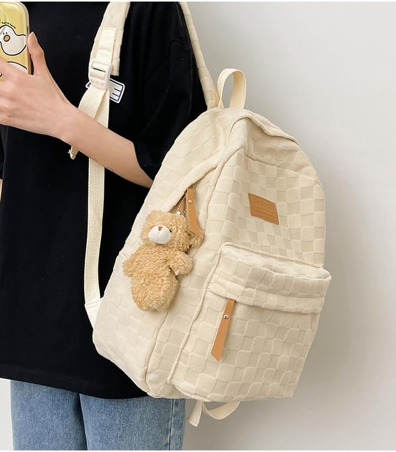MININAI Aesthetic Checkered Backpack Light Academia Plaid Backpack Cute Preppy Backpack Fit 15.6 Inch Laptop Light Rucksack - Beige image number 3