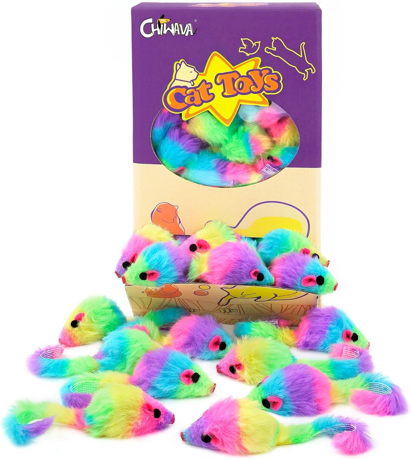 CHIWAVA 36PCS 1.8" Rainbow Color Furry Cat Toy Mice with Rattle Kitten Mouse Interactive Play image number 6