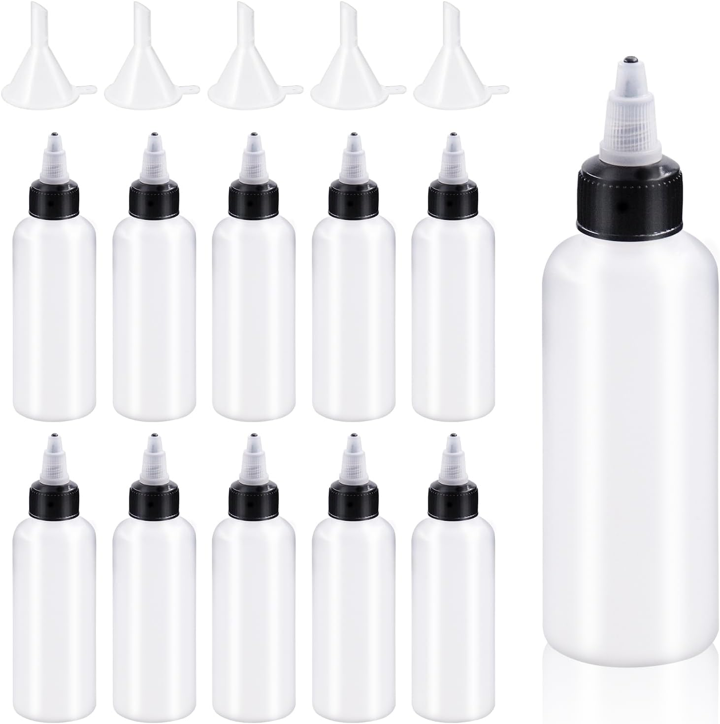 Glarks 15Pcs 100Ml/4Oz Dispensing Bottles with Funnel Set, Boston round LDPE Plastic Bottle, Clear Plastic Squeeze Bottles with Twist Top Cap for Kitchen, Household, Arts and Crafts image number 4