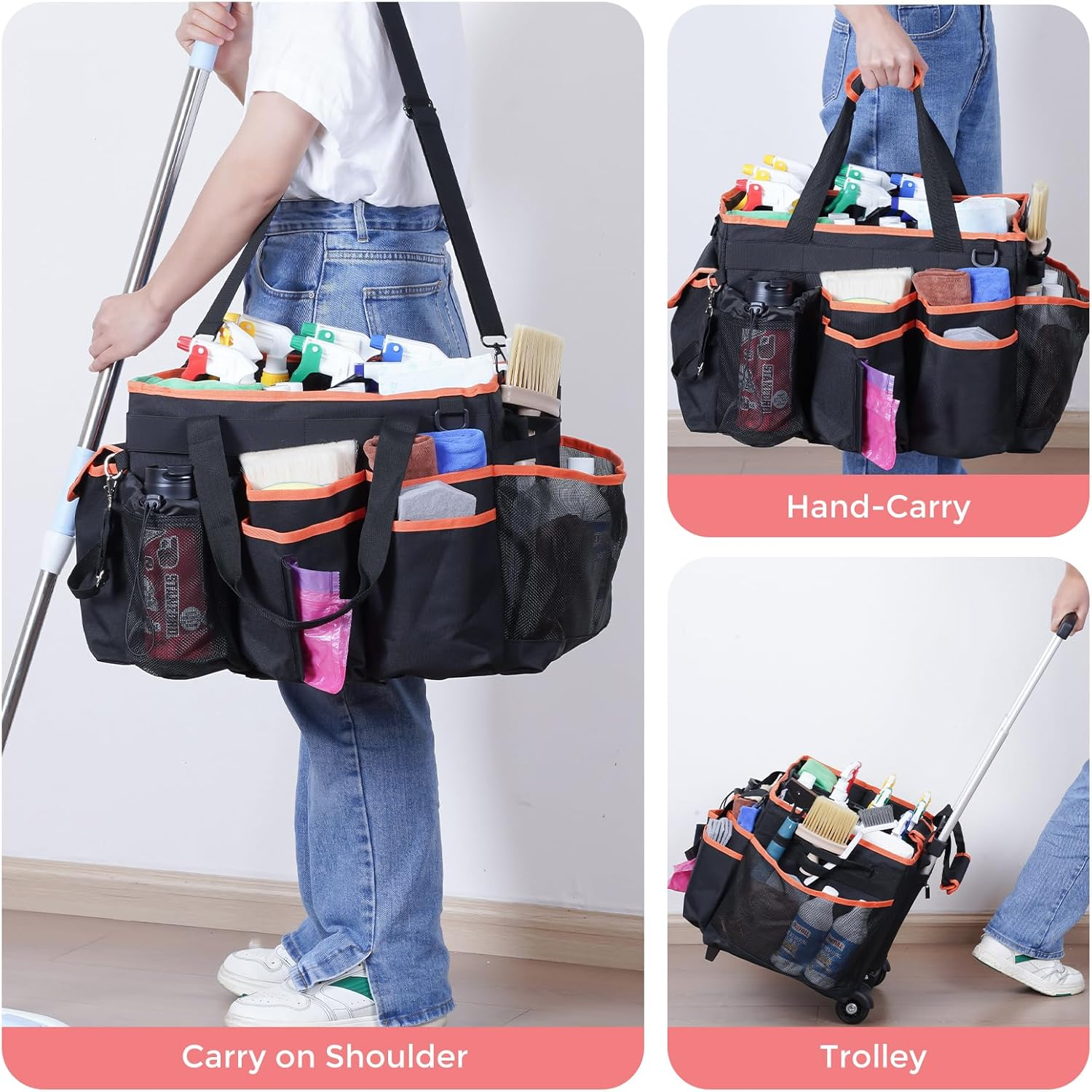 Procase Cleaning Caddy with Wheels for Housekeepers, Professional Portable Rolling Cleaning Supplies Large Clean Cart Bag with Detachable Trolley Handle and Shoulder Strap -Blackorange image number 1