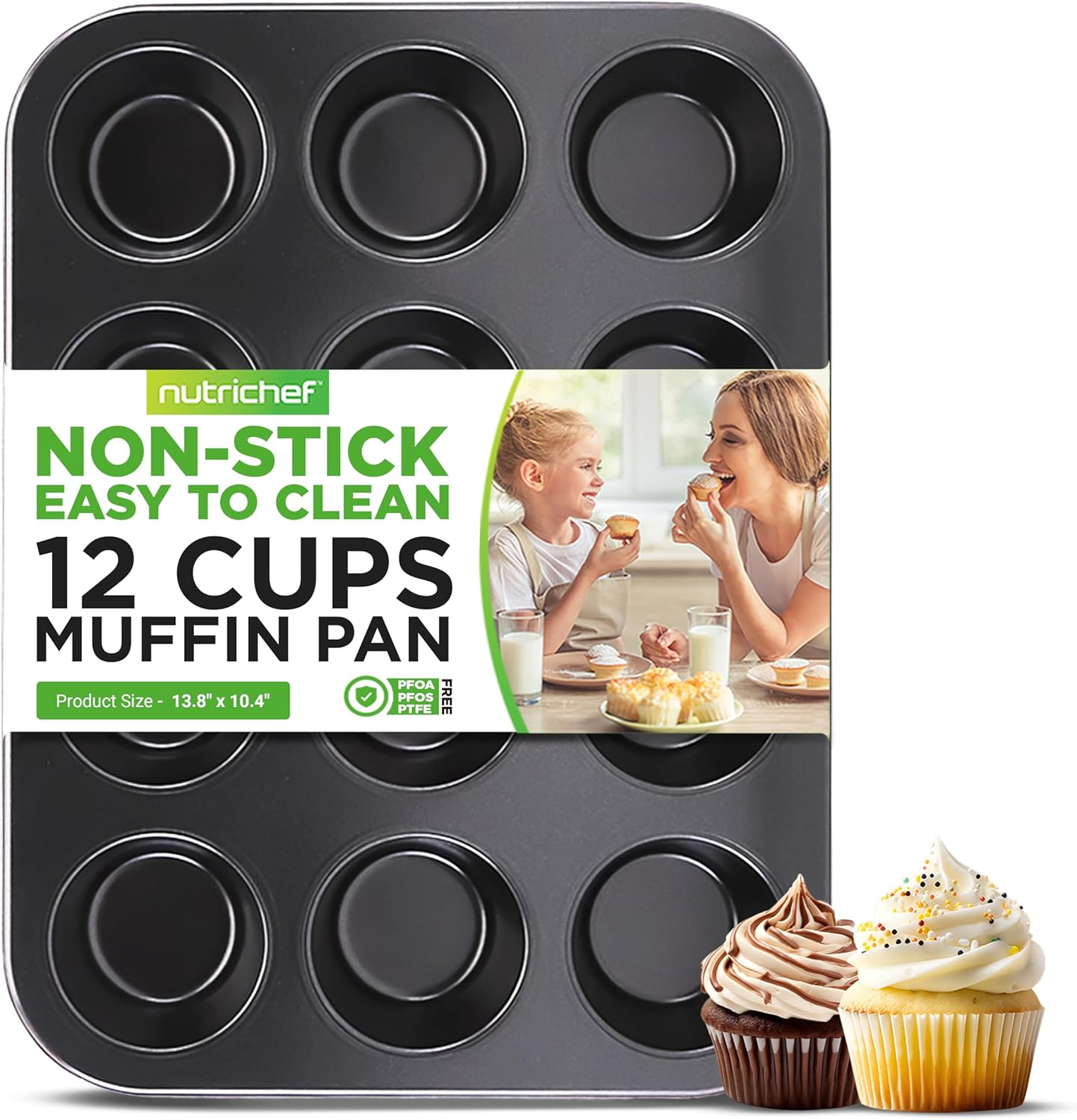 Nutrichef 13&rdquo; Non-Stick Muffin Baking Pan - Premium Dark Gray Carbon Steel Bake Tray, Commercial Grade Restaurant Quality Metal Bakeware - Dishwasher Safe image number 5