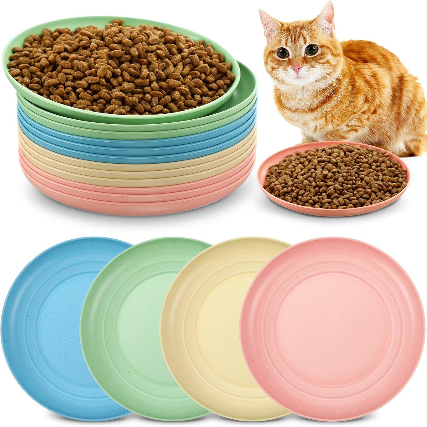 Gerrii 12 Pieces Whisker Fatigue Relief Cat Bowl 6 Inch Shallow Cat Food Dish Cat Wet Feeding Bowls Wide and Small Pet Plate for Kittens and Short Legged Cat, Wheat Straw (Vintage Colors,Square)