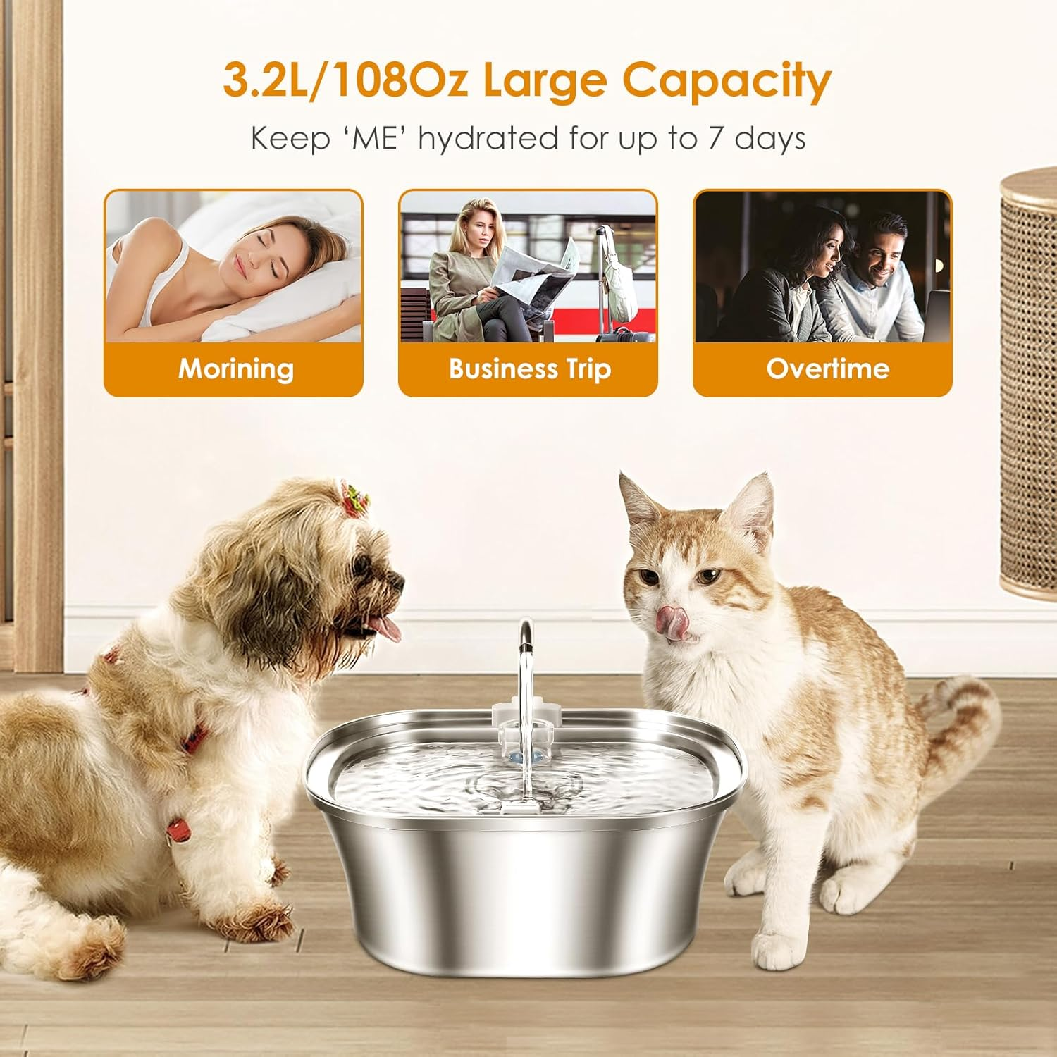 Cat Water Fountain, 3.2L/108Oz Automatic Stainless Steel Pet Water Fountain, Ship-Shaped Cat Drinking Fountains Pet Water Bowl Dispenser with Ultra-Quiet Pump for Cats, Pets, Dishwasher Safe image number 5