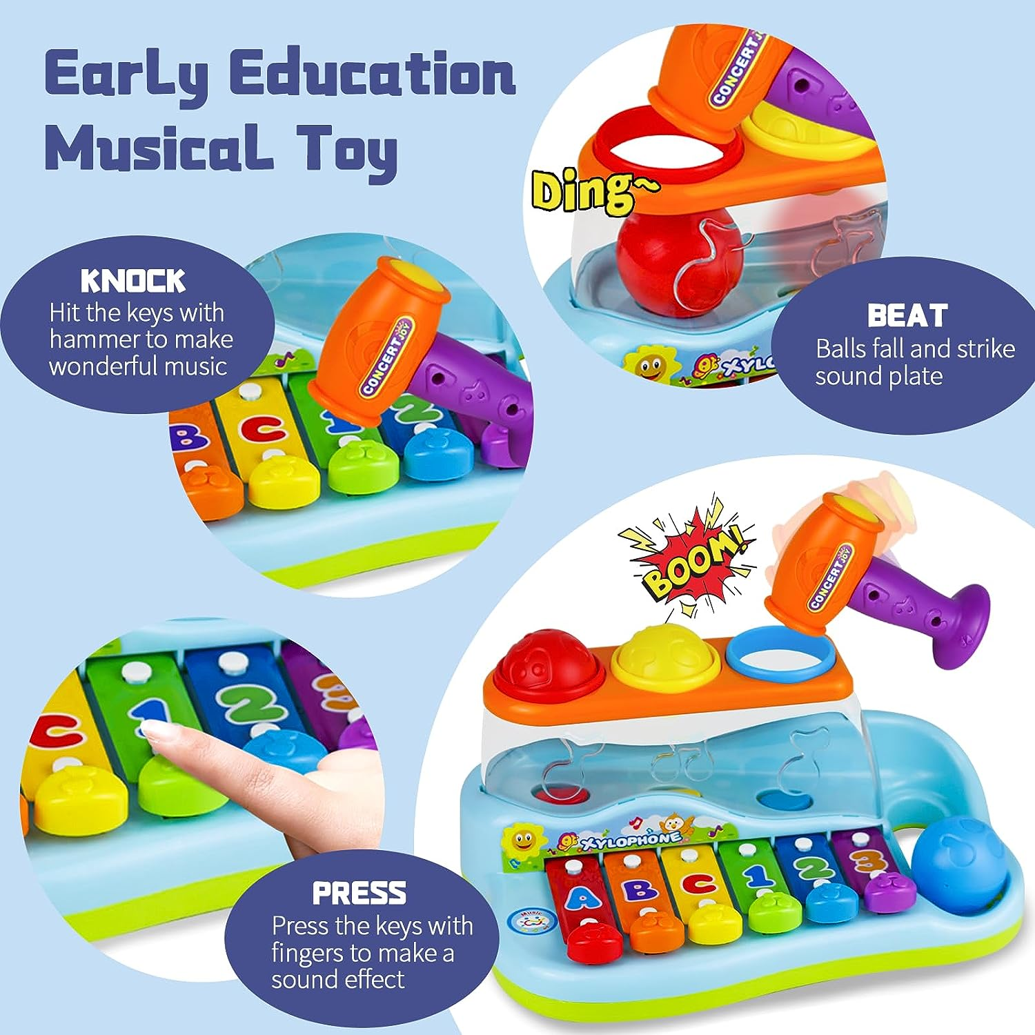 Baby Toys for 1 2 Year Old Boys Girls, Kids Musical Instruments, Hammering Pounding Xylophone Piano Toys with Sensory Montessori Balls, Early Educational Toys for Toddler, Christmas Gifts image number 6