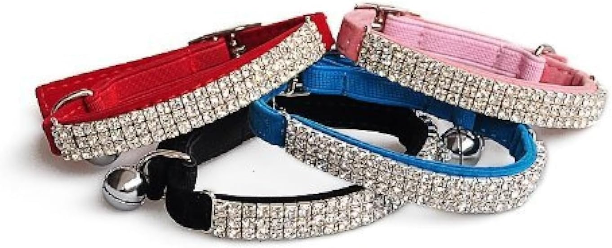 CHUKCHI Soft Velvet Adjustable Cat Collar with Rhinestones and Bell - Pack of 4 - Black, Pink, Red, Black