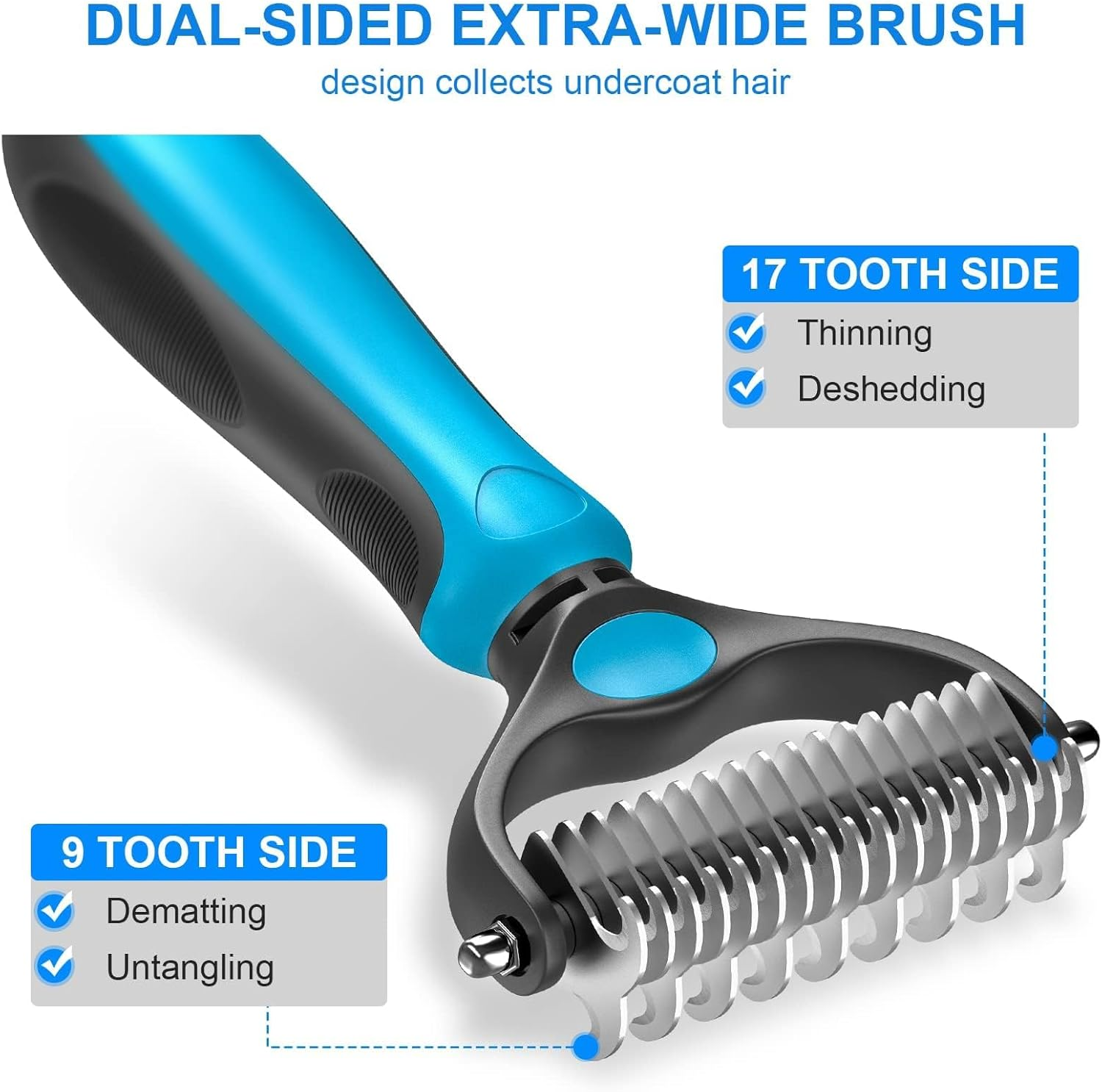 Pet Grooming Brush - Double Sided Shedding, Dematting Undercoat Rake for Dogs, Cats - Extra Wide Dog Grooming Brush, Dog Brush for Shedding, Cat Brush, Reduce Shedding by 95%, Blue image number 3