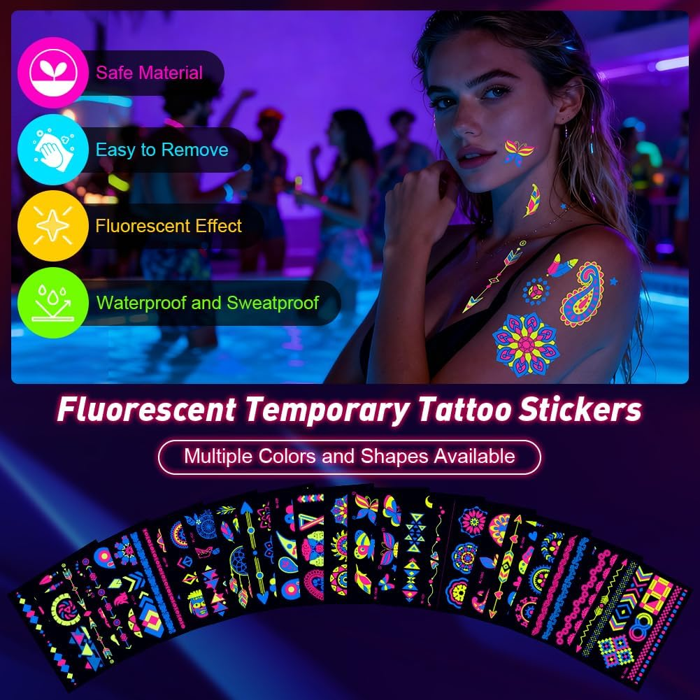 LOPHE Neon Tattoos, 24 Sheets Neon Face Tattoo for Sticking, Waterproof Glitter Tattoo, Black Light Make-Up under UV, Neon Party Accessories, Halloween, Carnival, Festival image number 6