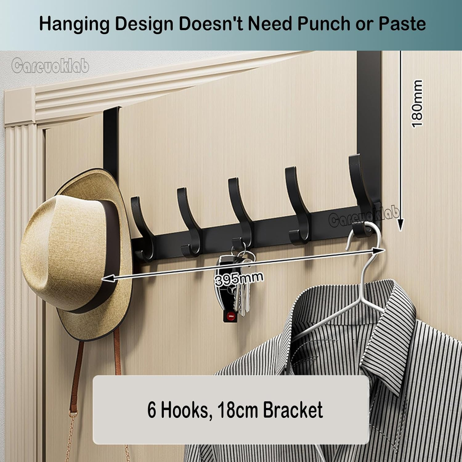 Careuoklab 2 Pack over the Door Hooks Hanger, Coat Rack for Hanging Clothes Hats Bags Towels Umbrellas Keys of Bedroom Bathroom Kitchen(Black 6 Hooks) image number 4